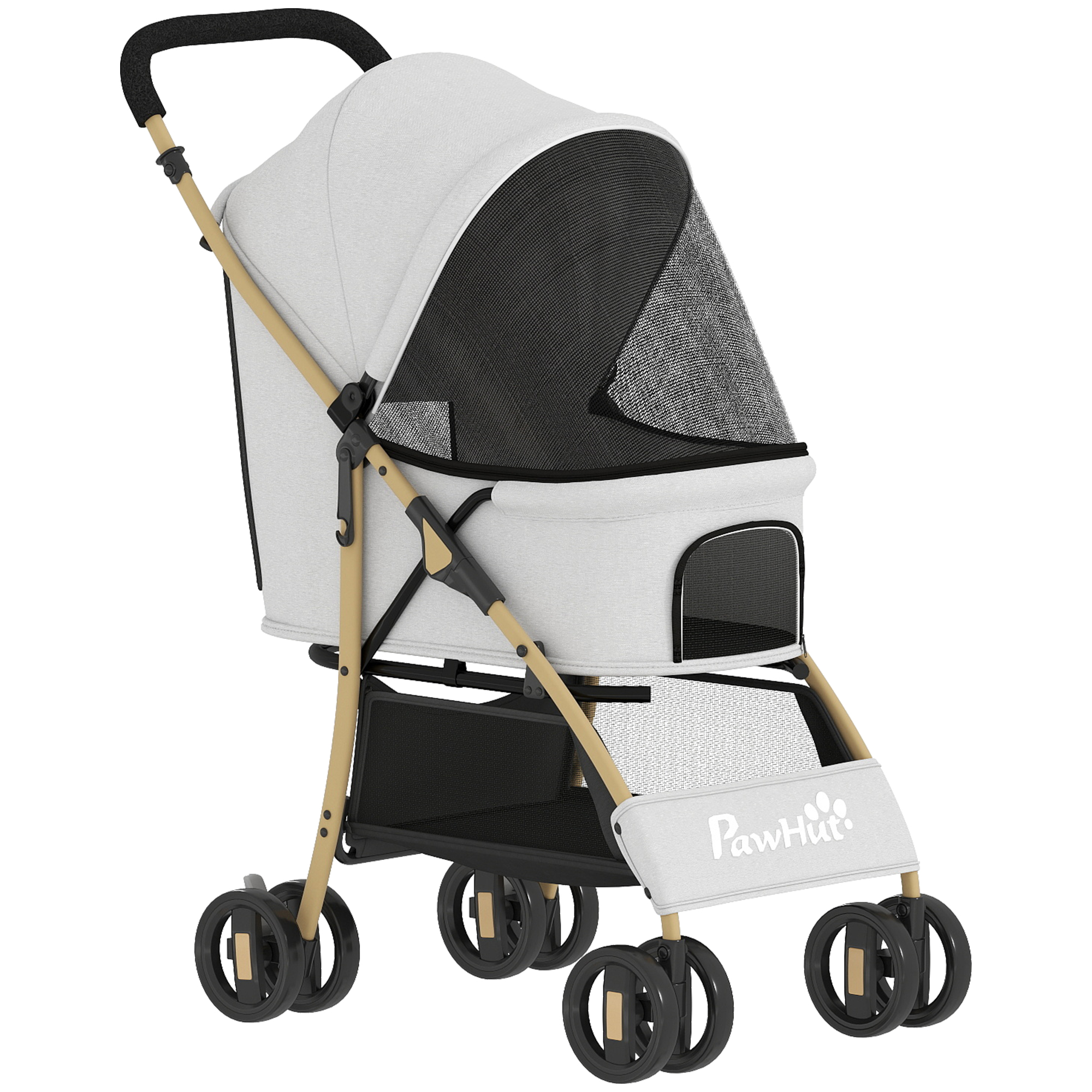 PawHut Faltbarer Hundebuggy Haustierwagen mit 2 Türen Netzfenster Stauraum Sicherheitsleine und Kissen Belastbar bis 15 kg 80x44,5x97 cm Hellgrau Aosom