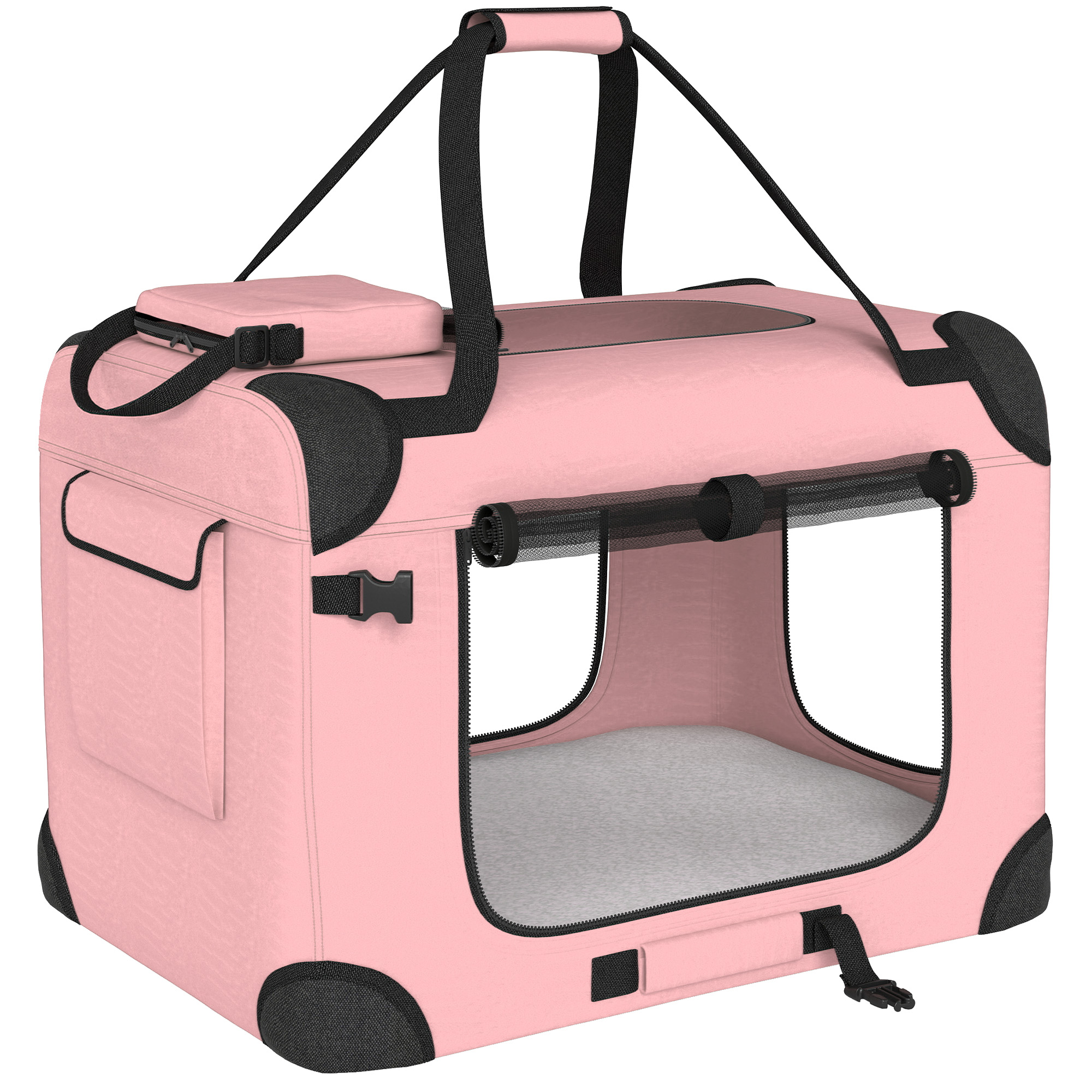 PawHut Faltbarer Hundetransportkorb, 60x41,5x41 cm, Haustiertransport mit Netzfenstern, Weiches Kissen und 2 Griffen, Tragetasche für Mini-Hunde und Katzen, Rosa Aosom