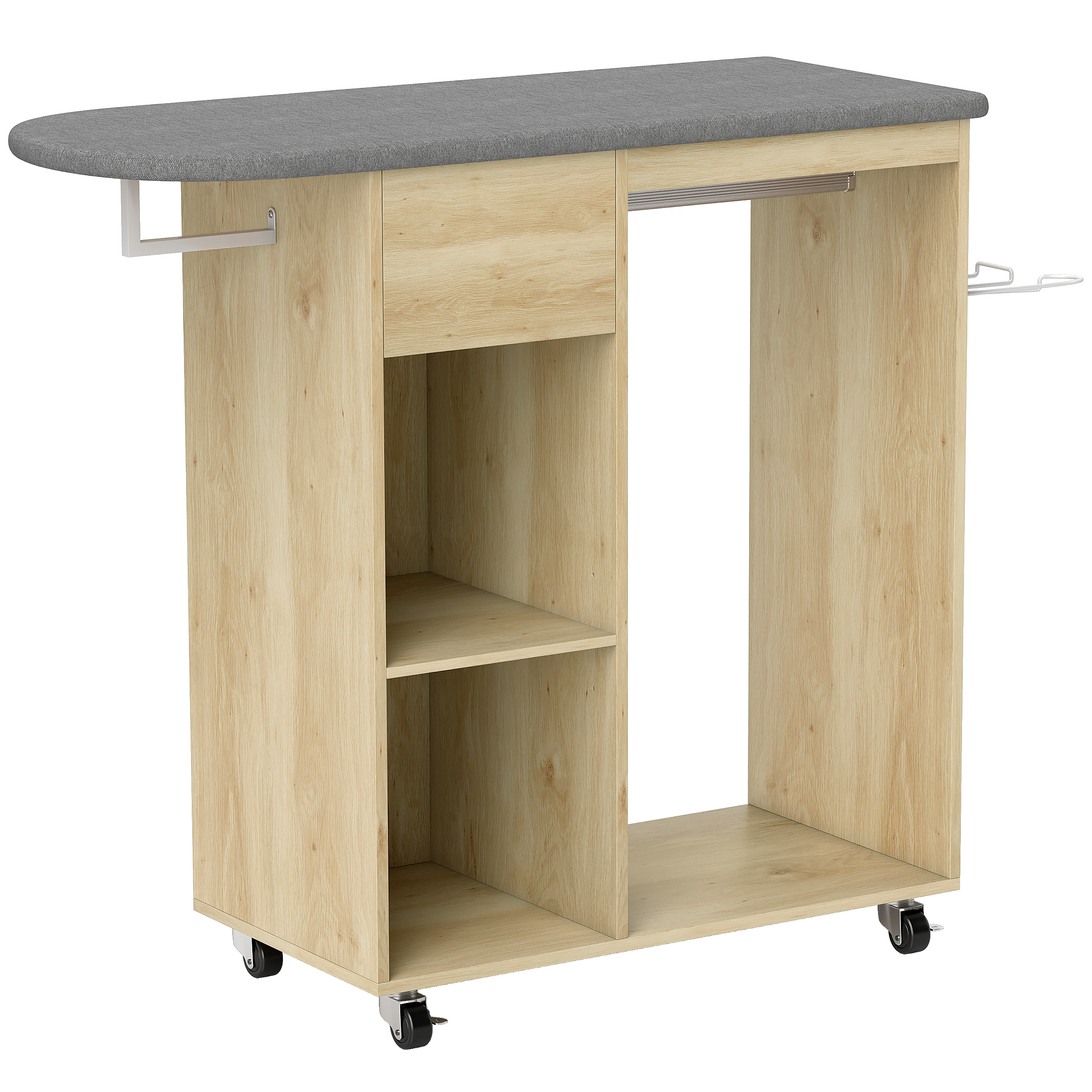 HOMCOM Bügelschrank aus Holz, Bügelstation auf Rollen, Kleiderstange, offenes Regal, für Wohnzimmer, Schlafzimmer, 125 x 43,5 x 102,5 cm, Naturholz   Aosom