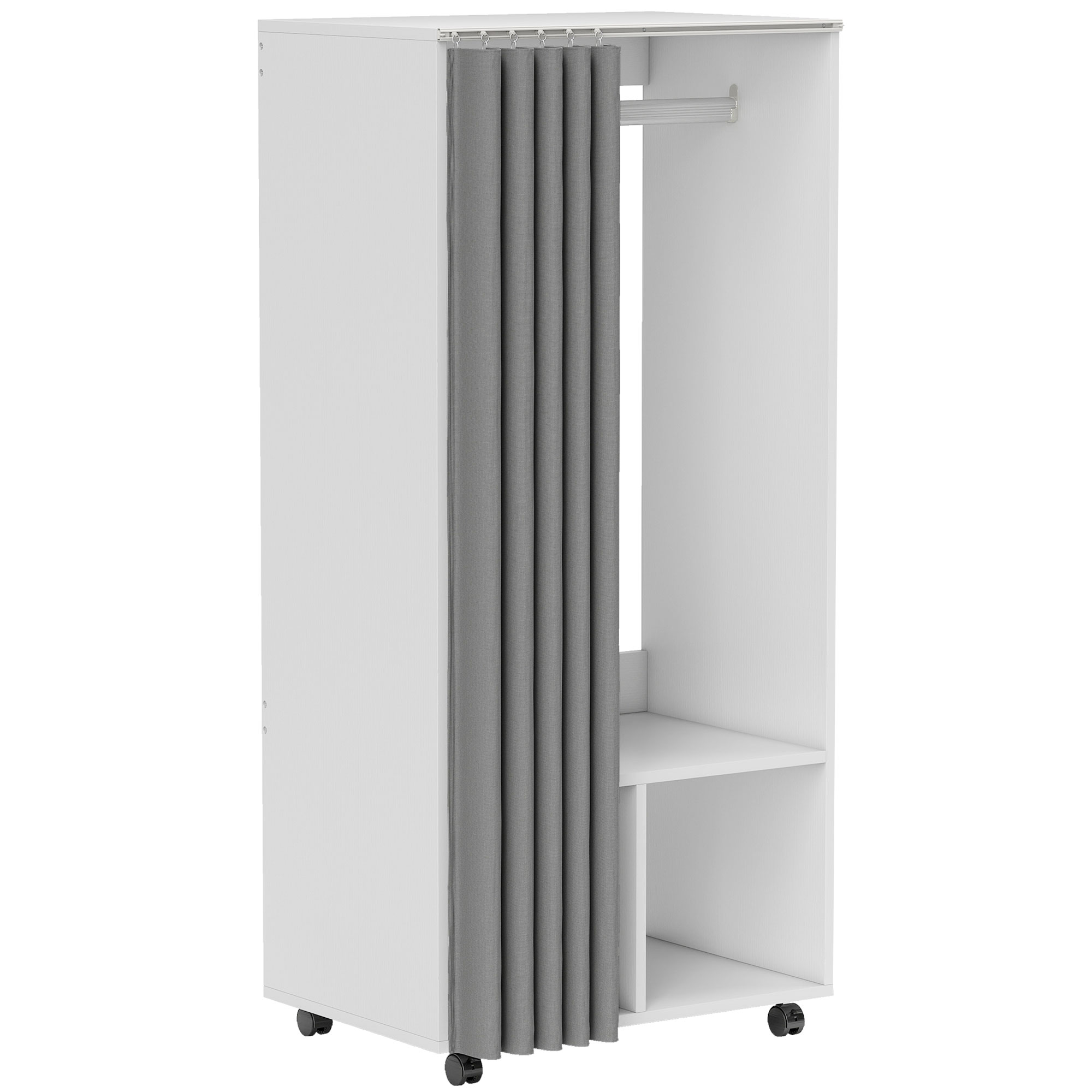HOMCOM Kleiderschrank mobil mit Vorhang, Aufbewahrungsschrank mit 4 Rollen, Kleiderstange und Regalen, rollbarer Kleiderschrank für Schlafzimmer, 60 x 40 x 128 cm, weiß   Aosom