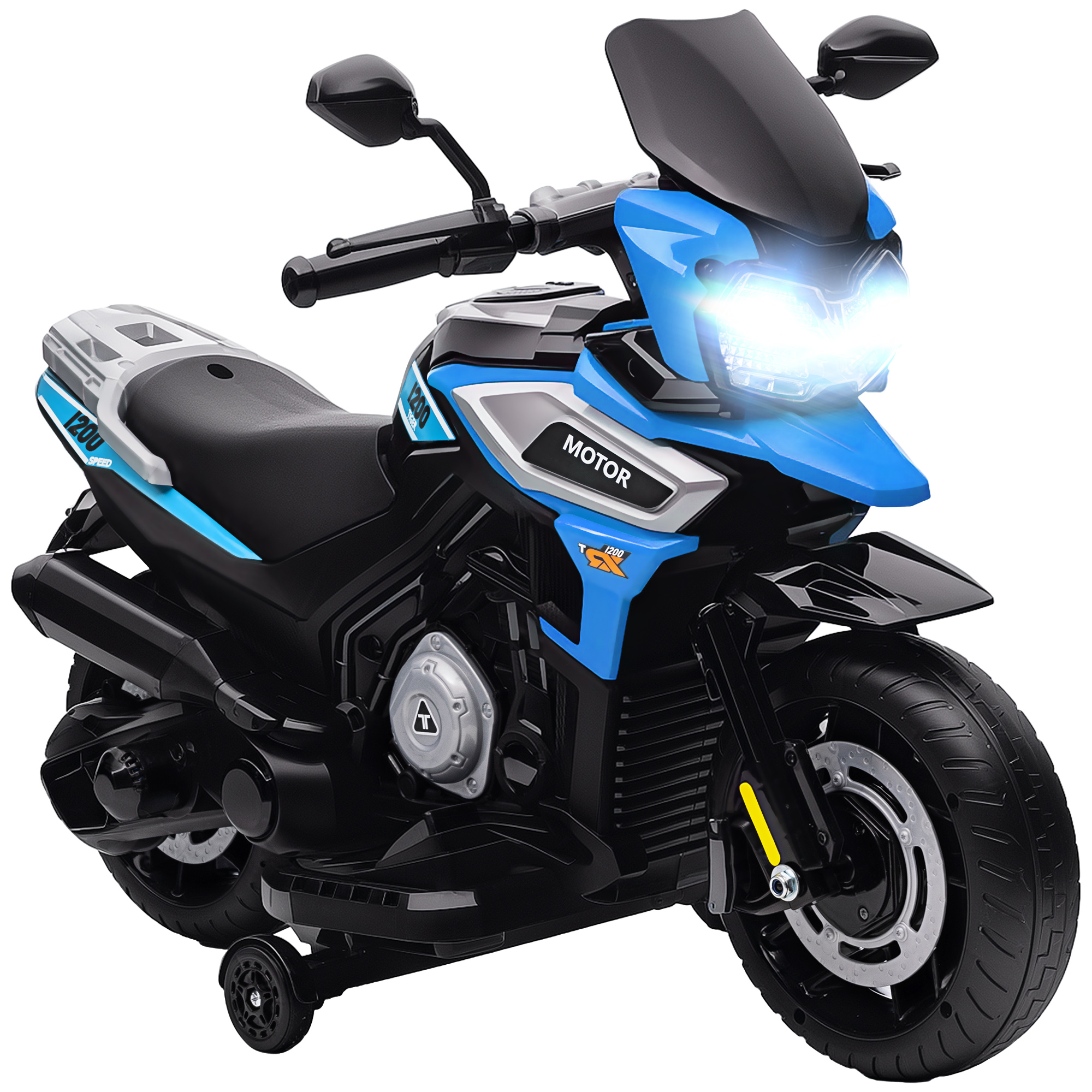 AIYAPLAY Elektrisches Kinder-Motorrad 18-36 Monate, 6V Kinder-Elektromoped mit abnehmbaren Stützrädern, Scheinwerfer, Musik, 2.4 km/h Mini-Motorrad mit Licht, max. 30kg, Blau   Aosom