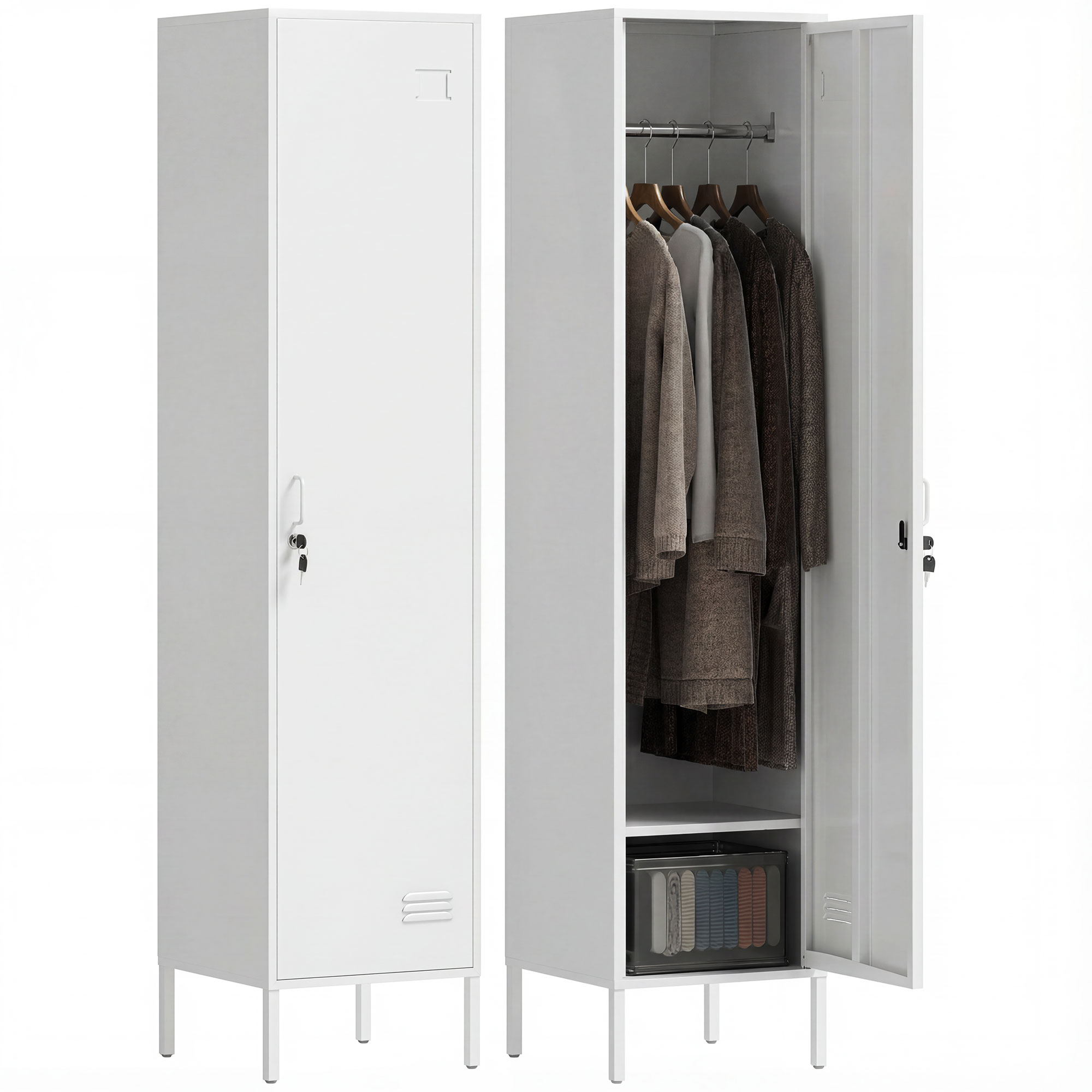 HOMCOM Slim-Metallschrank aus Stahl mit Schloss und Namensschild, platzsparender Mehrzweck-Metallschrank mit Kleiderstange und Regal, für Zuhause & Büro, 40x40x179 cm, Weiß   Aosom