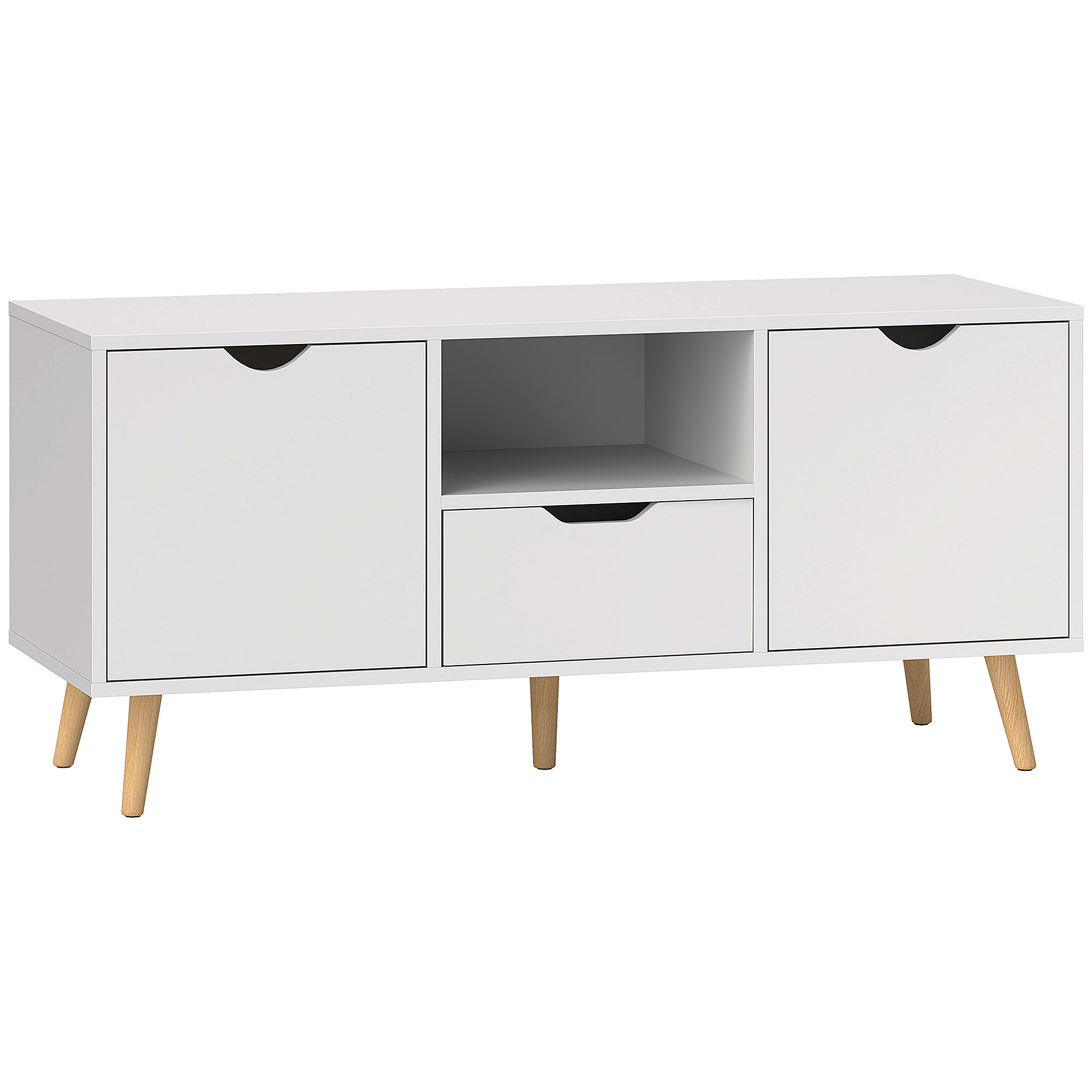 HOMCOM TV-Möbel, TV-Tisch mit Schublade, 2 Türen und offenem Fach, Holzbeine, für Fernseher bis zu 127 cm, 110 cm Länge, für Wohnzimmer, Schlafzimmer, Weiß   Aosom