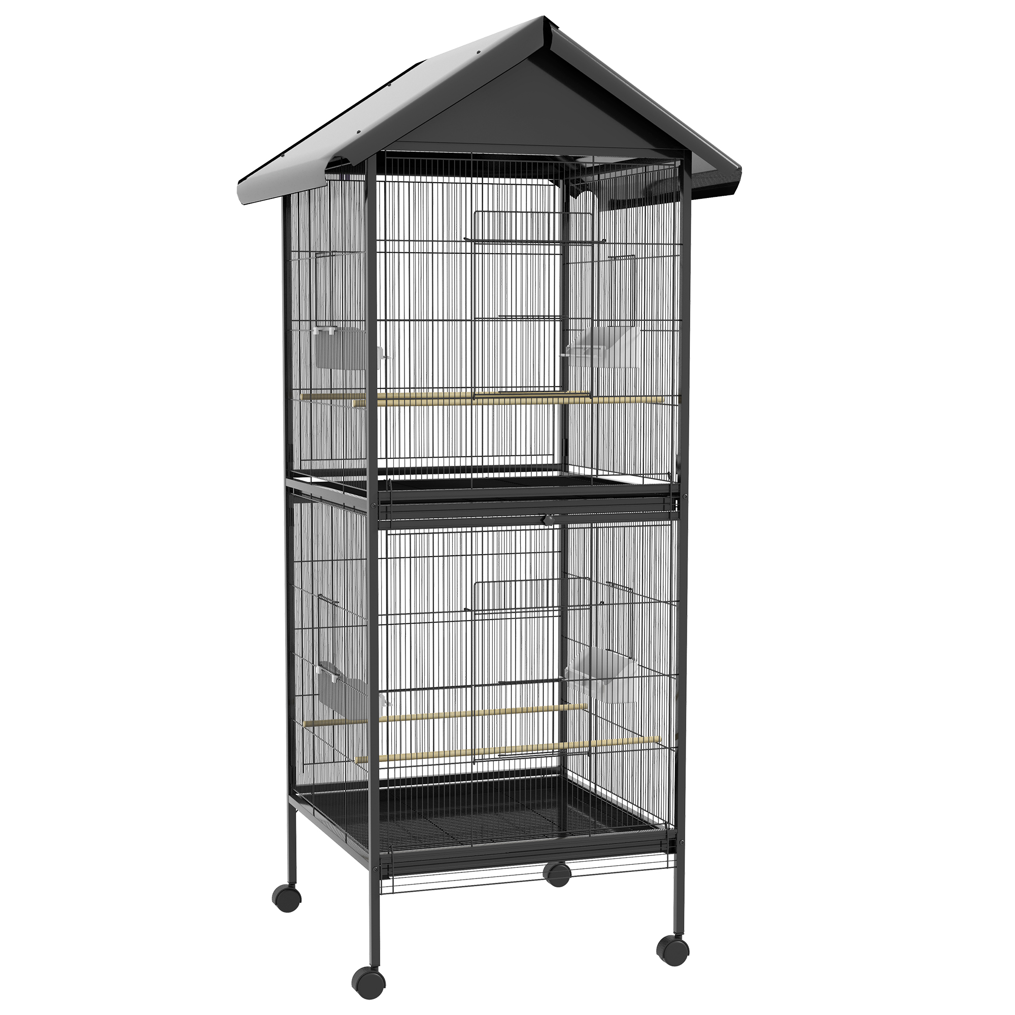 PawHut Voliere auf Rollen mit herausziehbaren Kunststoffschalen und Sitzstangen, Metall-Vogelkäfig für Kanarienvögel, 168 cm, Schwarz Aosom
