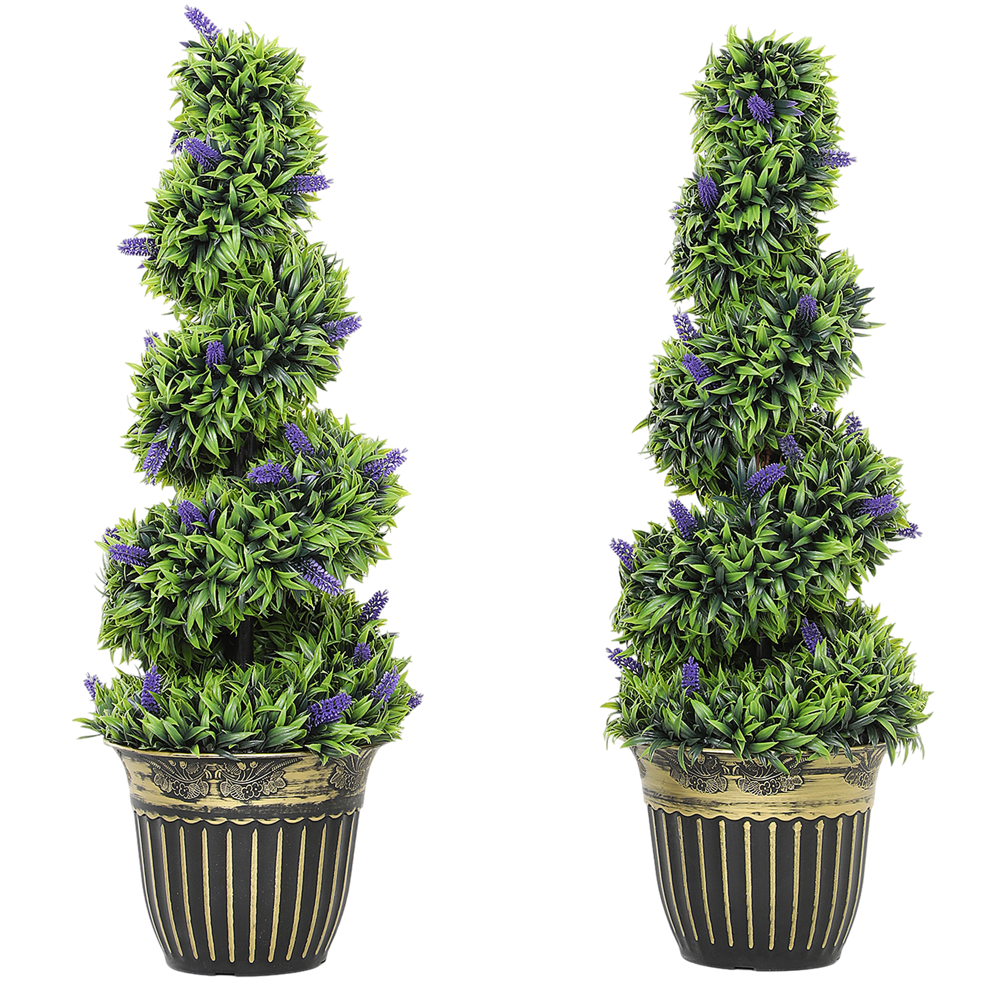 HOMCOM Set 2 künstliche Buchsbaum-Spiralpflanzen 90 cm mit Lavendel, 30 Blüten und Topf, Topiary-Kunstpflanzen für Außen, UV-beständige Kunstpflanze zur Wohn- und Gartendekoration, Grün und Blau   Aosom