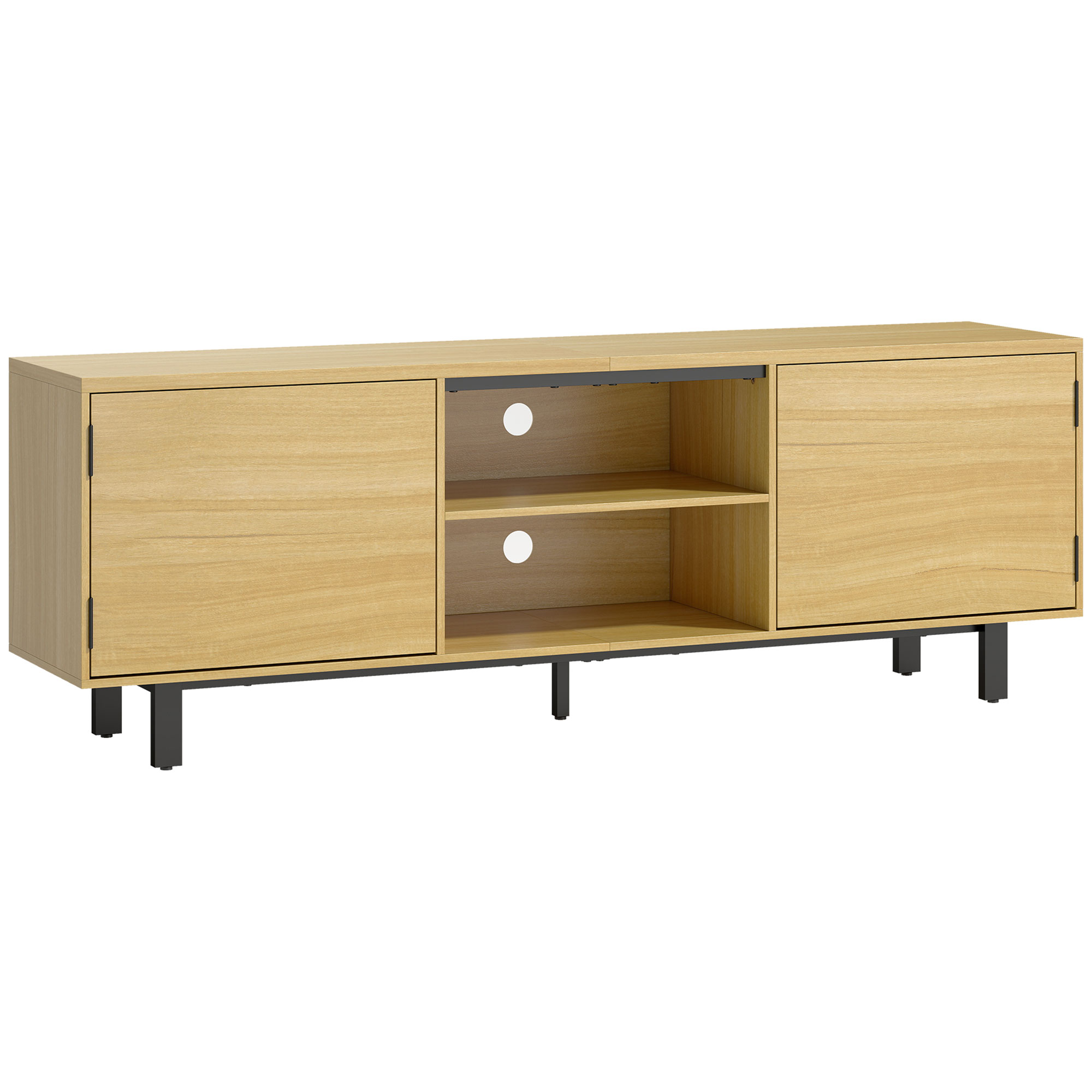 HOMCOM TV-Möbel 160 cm, TV-Schrank für Fernseher bis zu 165,1 cm mit 2 drucköffnenden Türen und 2 offenen Regalböden, Metallfüße, TV-Bank für Wohnzimmer, Schlafzimmer, Naturholz   Aosom