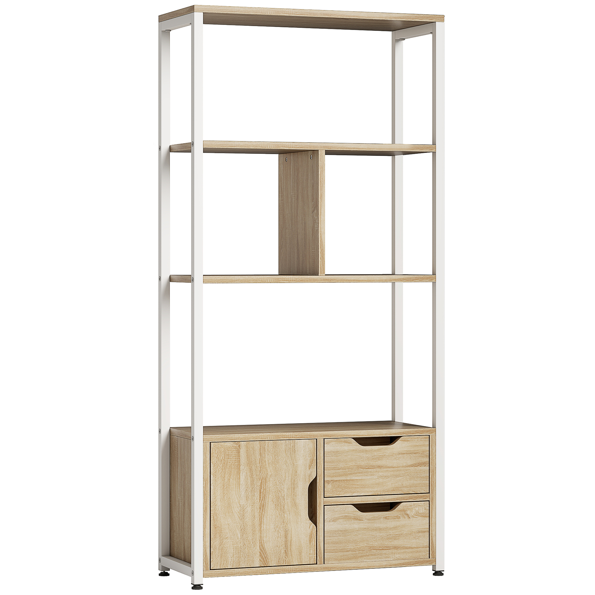 HOMCOM Bücherregal, Regal für Bücher mit 4 Regalböden, 2 Schubladen und Tür, 58x24x122 cm, Industrial-Regal für Wohnzimmer, Schlafzimmer, Arbeitszimmer, Büro, Naturholz   Aosom