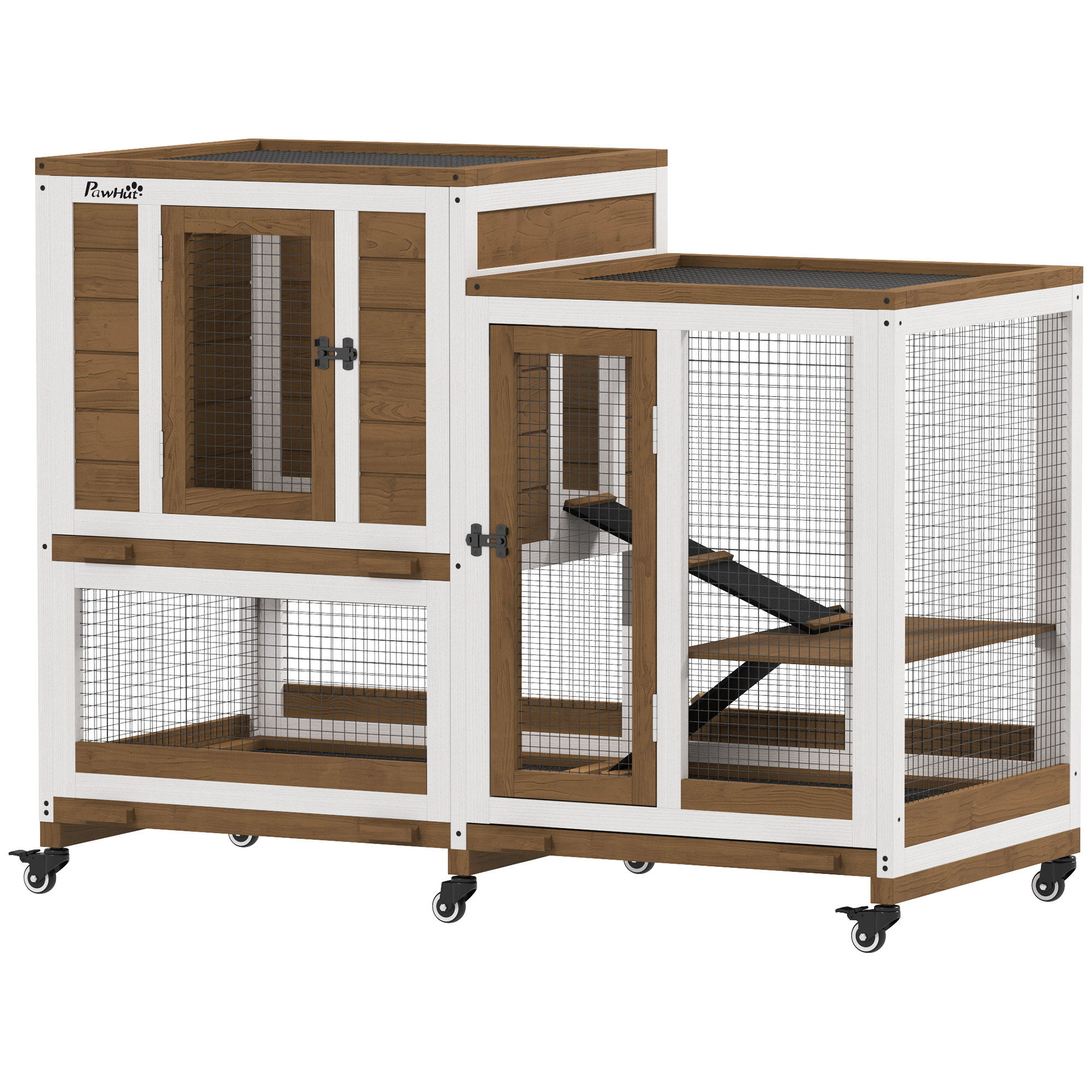PawHut Innen-Kaninchenstall aus Holz, Luxusdesign, 110 x 50 x 86 cm - 3-stöckiger Käfig mit 3 herausnehmbaren Einsätzen - geräumiges Gehege auf Rollen für Zwergkaninchen, Meerschweinchen, braun Aosom
