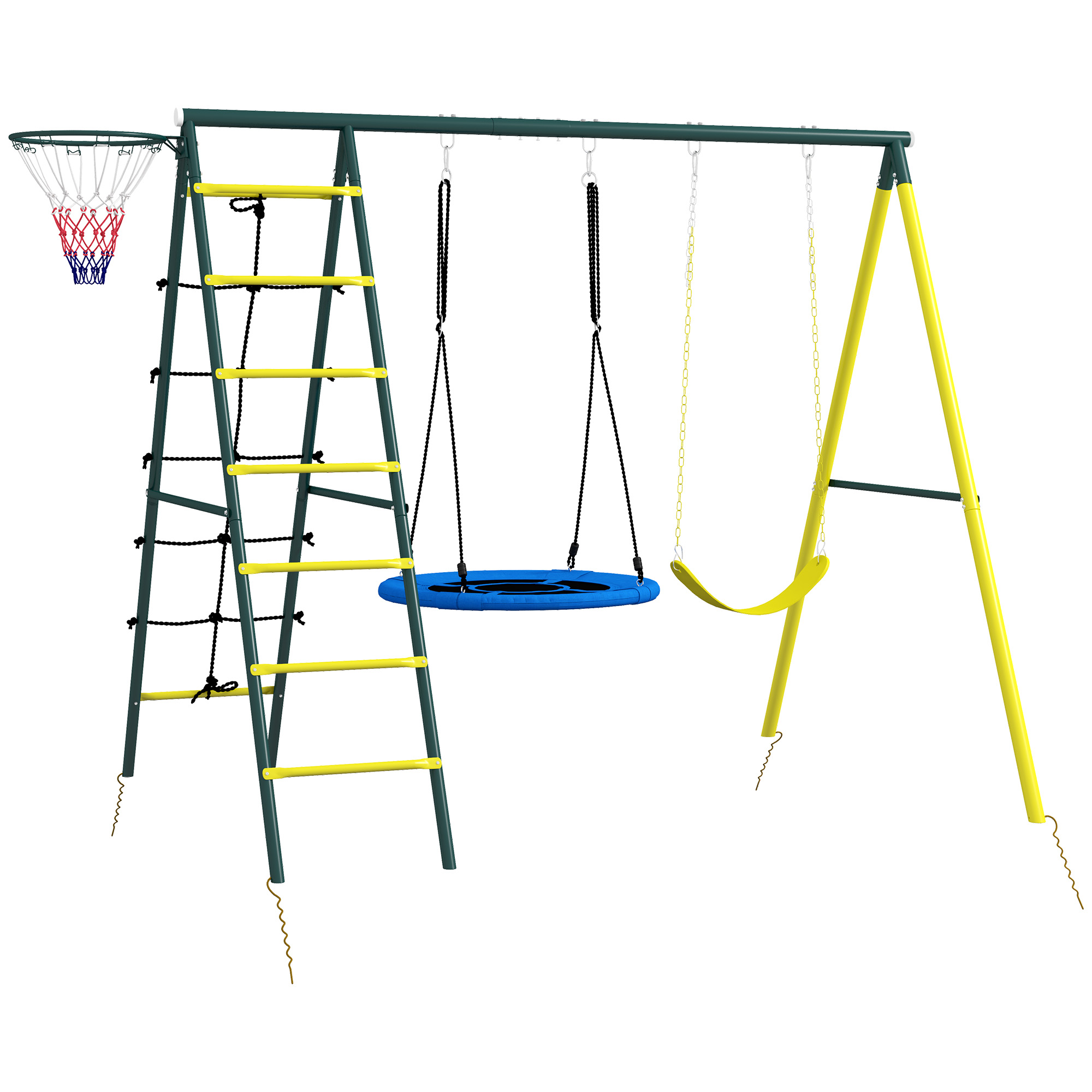 Outsunny Kinderschaukel 4-in-1, mit Nest- und Einzelschaukel, Kletternetz, Basketballkorb, Leiter, Traglast 160 kg, für Außenbereich, Spielplatz für Kinder von 3 bis 8 Jahren, Gelb   Aosom