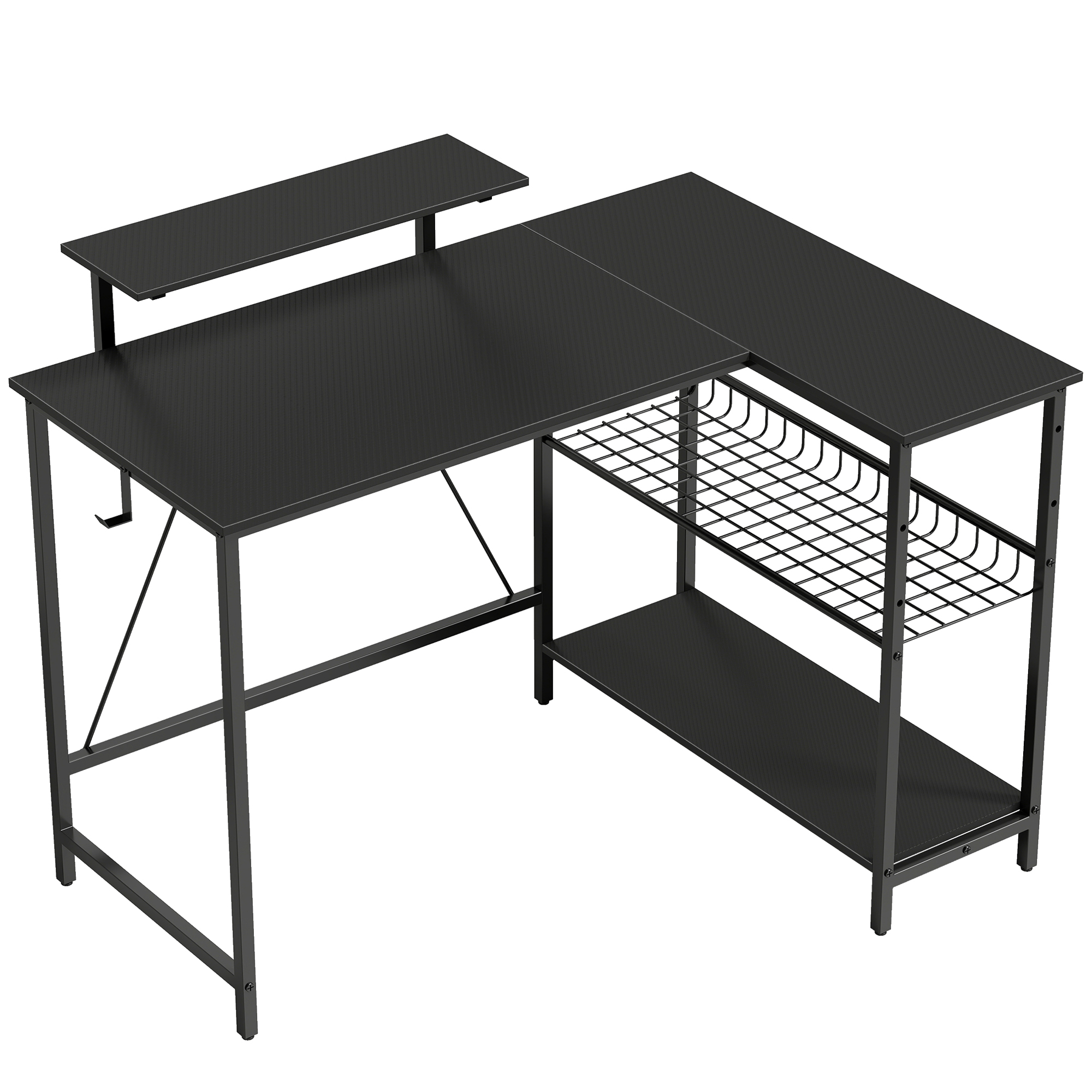 HOMCOM Wendebarer Gaming-Schreibtisch 114,5 x 82 cm, Eck-Gaming-Schreibtisch mit Monitorhalter und verstellbarem Gitterregal, Computertisch zum Lernen, Spielen und Arbeiten, schwarze Carbon-Optik   Aosom