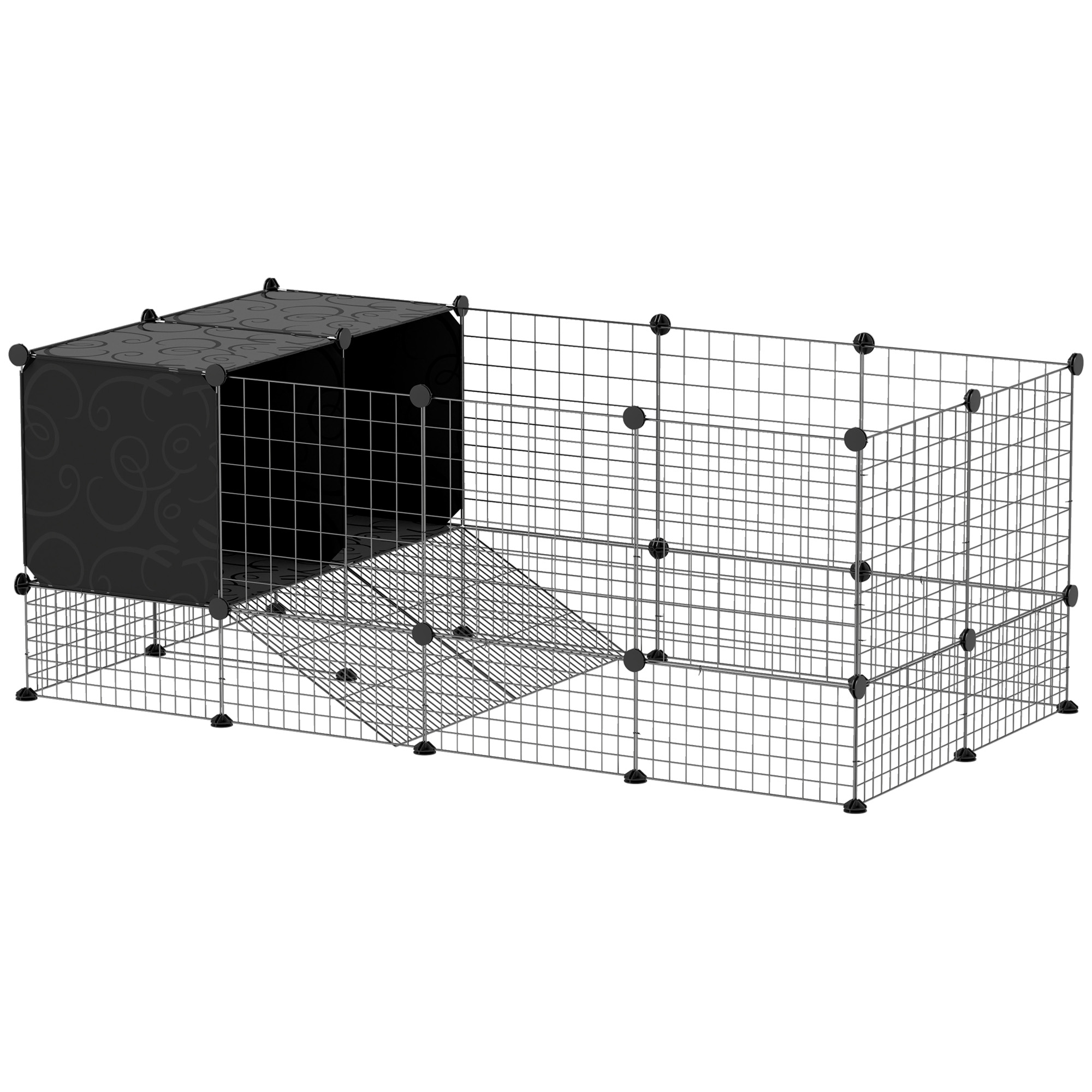 PawHut Gehege für Kleintiere, modularer Kaninchenkäfig, 31 Paneele mit erhöhten Häuschen, Innengehege für Meerschweinchen, Kaninchen, Igel, Stahl, schwarz   Aosom