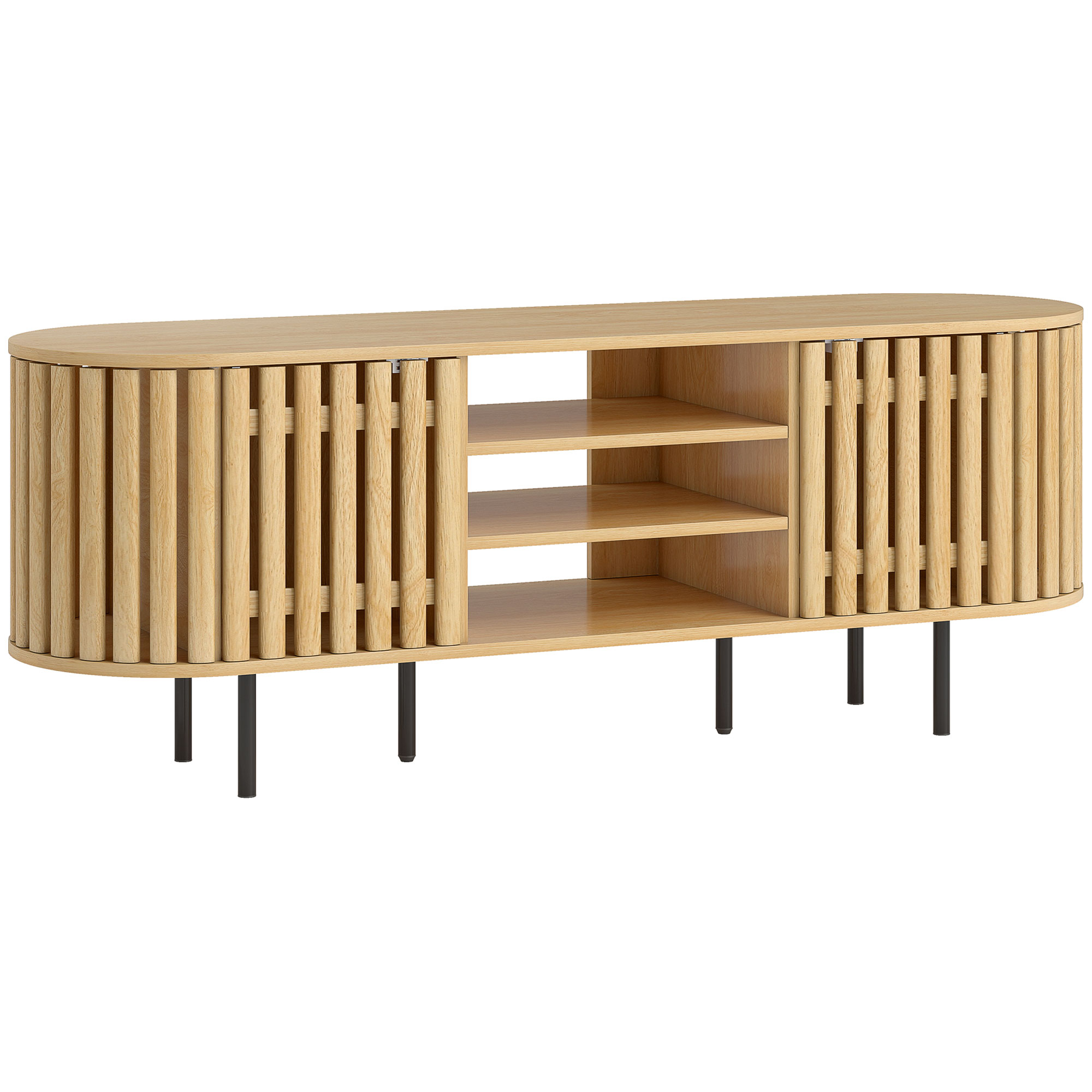 HOMCOM TV-Möbel 140 cm, TV-Schrank für Fernseher bis 152,4 cm, 2 Lamellentüren, 3 offene Fächer und Stahlfüße, TV-Bank für Wohn- und Schlafzimmer, Bois naturel   Aosom