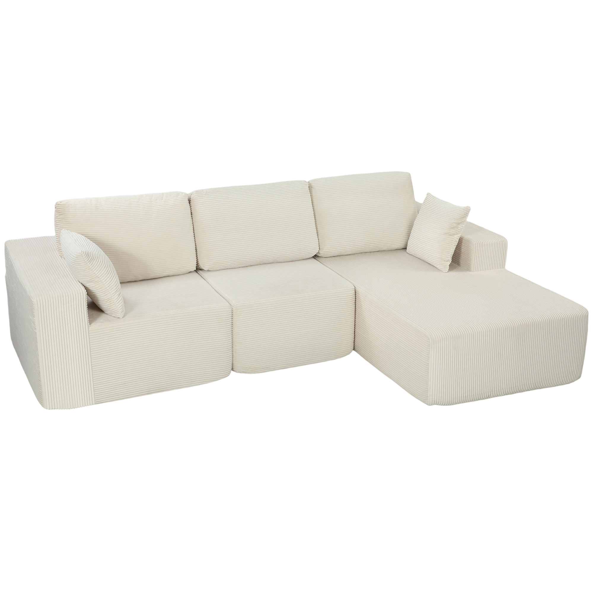 HOMCOM modulares 2-in-1 Ecksofa, 267 cm, 3-Sitzer-Schlafsofa aus Kordsamt, extra tiefe Sitze und breite Armlehnen, 2 Kissen, modernes Sofa für Wohnzimmer, Büro, Wohnung, kein Aufbau erforderlich, Creme   Aosom