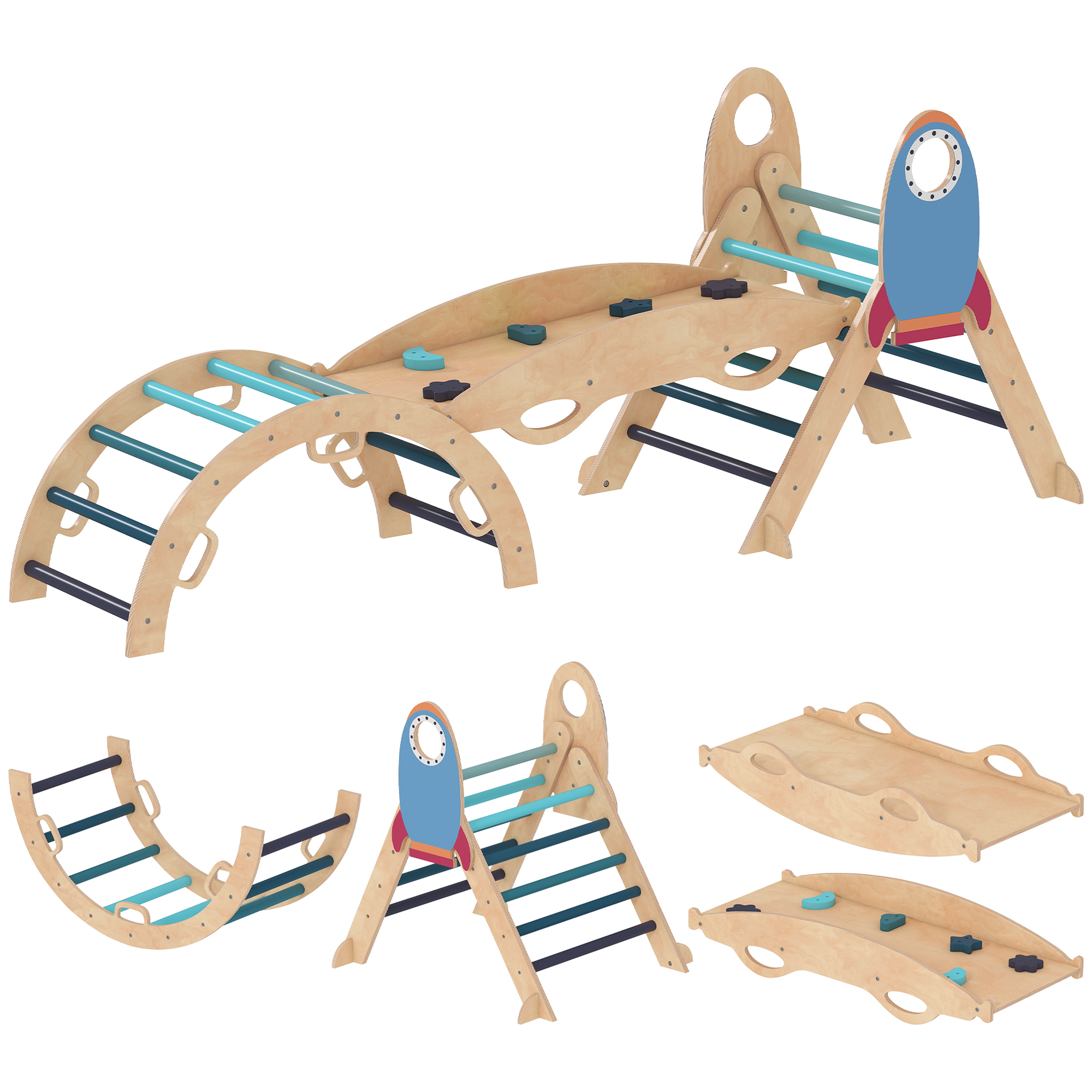 AIYAPLAY 8-in-1 Montessori Kletterdreieck, Holz-Klettergerüst, Raketen-Motiv, mit Bogen und Rampe zum Rutschen oder Klettern, für Kinder 18-48 Monate, Indoor, Blau Aosom