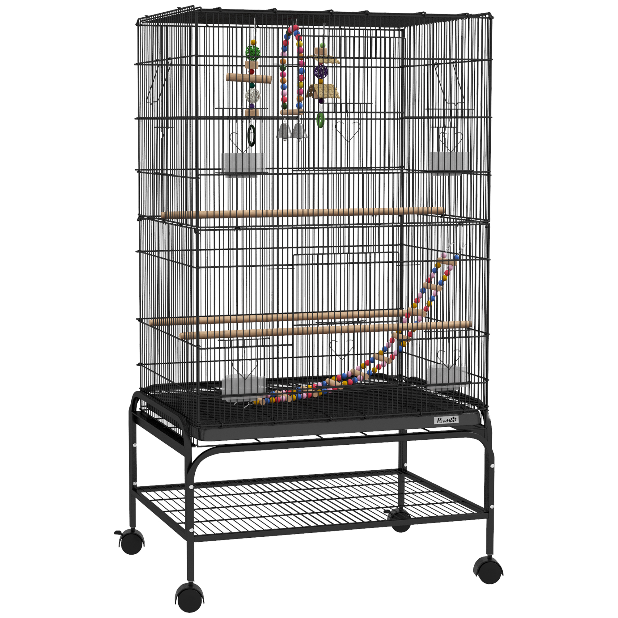 PawHut Vogelkäfig 110 cm, Voliere für Wellensittiche, Nymphensittiche, Kanarien, Unzertrennliche, Finken mit Rollen, 4 Futterbehälter, Spielzeug, herausziehbares Tablett, Ablage, Schwarz   Aosom