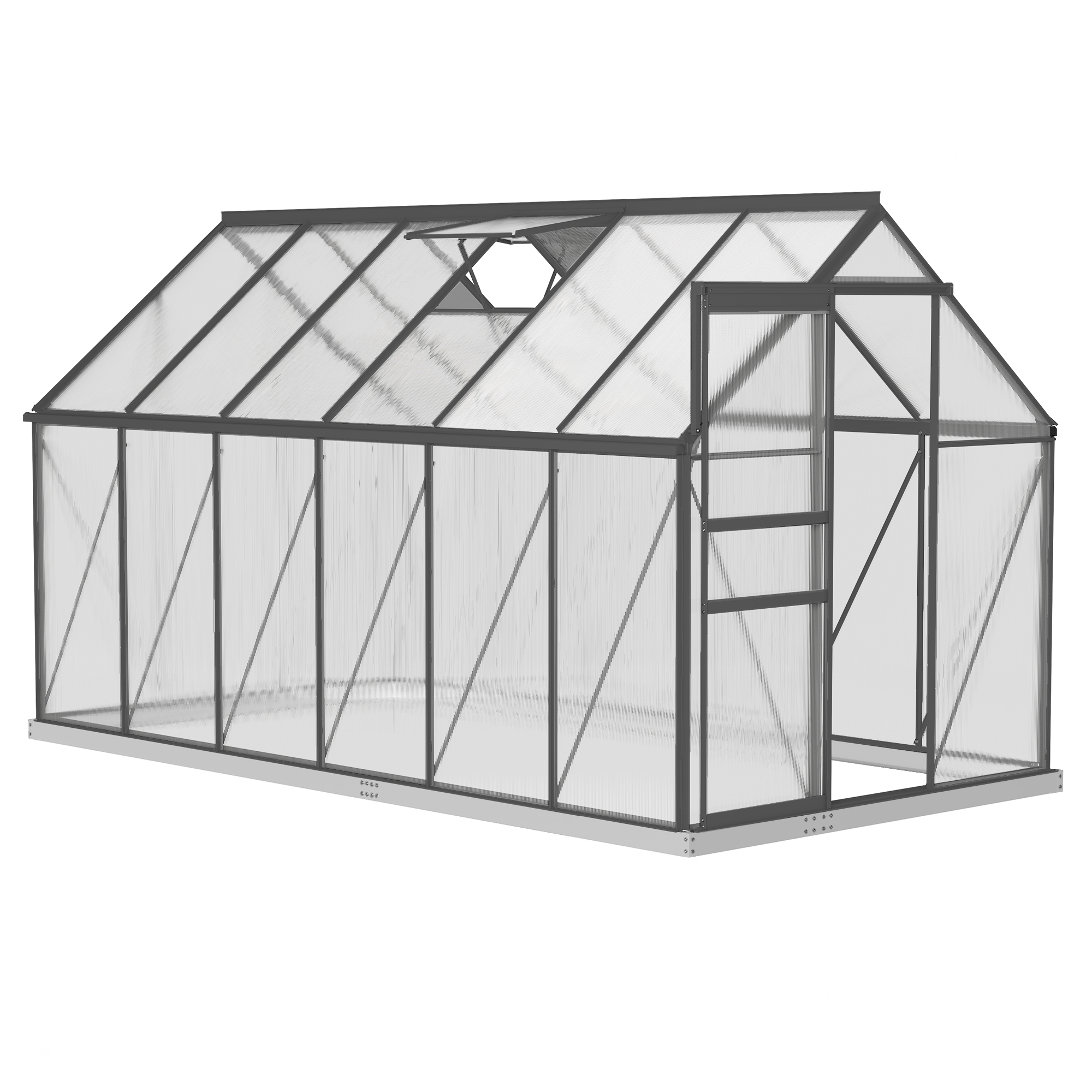 Outsunny Gewächshaus 7 m² aus Aluminium-Polycarbonat mit Fundament, 190 x 375 x 199 cm, Gewächshaus mit verstellbarem Fenster und Schiebetür, wetterbeständig, grau dunkel   Aosom