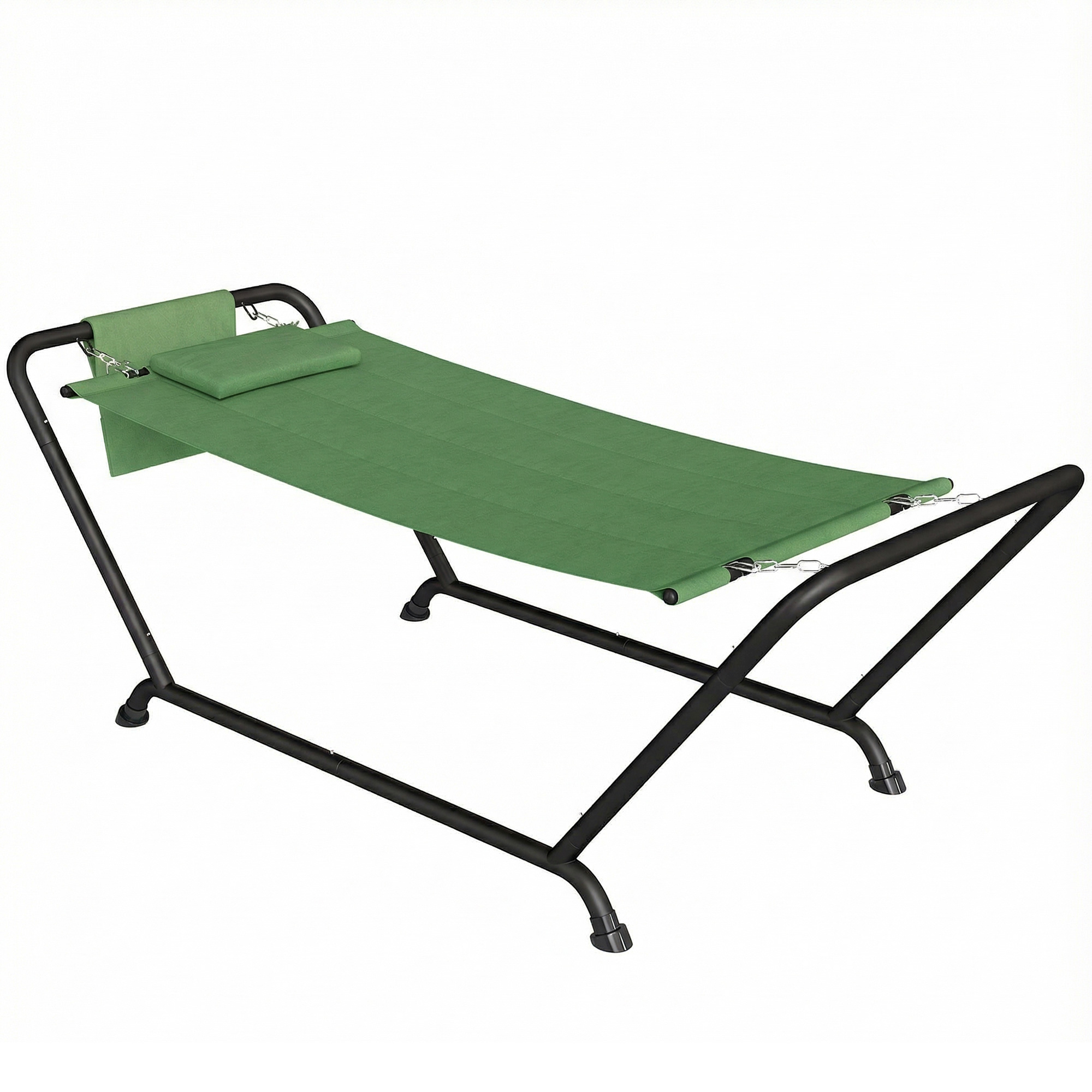 Outsunny Hängematte für den Außenbereich mit Gestell, freistehende Hängematte mit Seitentasche, Kopfkissen und Metallgestell, Tragkraft 150 kg für Garten, Balkon, Veranda, 237x90x92 cm, Dunkelgrün   Aosom