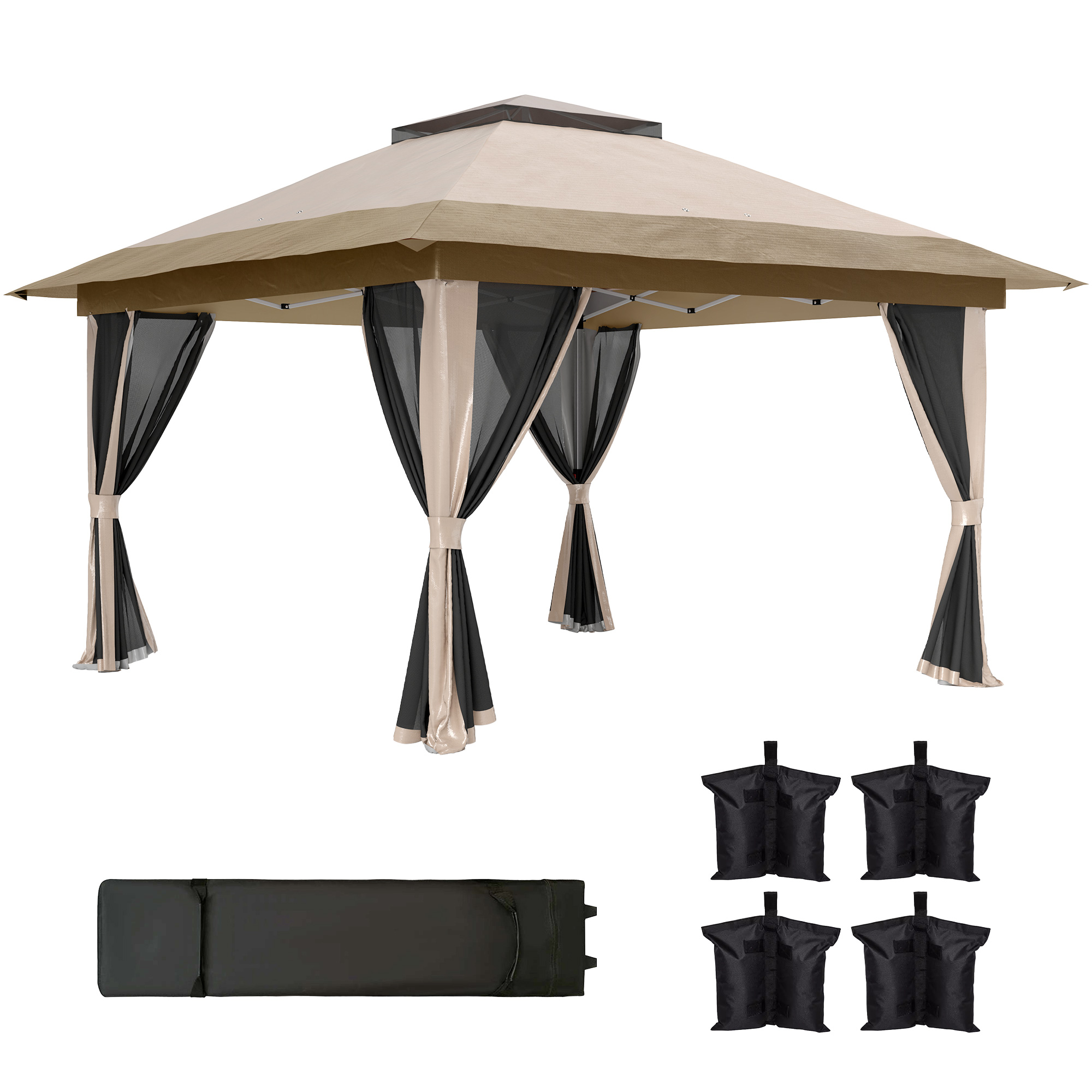 Outsunny Faltpavillon Gazebo, 3,6x3,6 m, Faltpavillon mit 4 Netzseitenwänden, UV-Schutz, höhenverstellbar, Sandsack und Transporttasche, für Camping, Partys, Beige Aosom