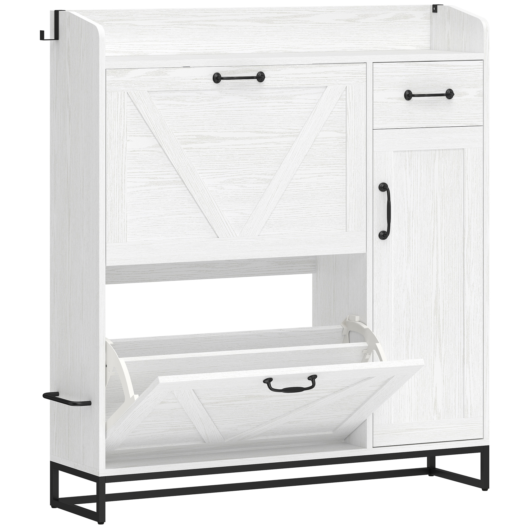 HOMCOM Schmaler Schuhschrank mit 2 Klappschubladen, Schuhschrank für Diele/Flur Rustikal mit Schublade und verstellbaren Einlegeböden, für 12 Paar Schuhe, für Flur, wenig Platz, 106,7x26x116 cm, Weiß   Aosom