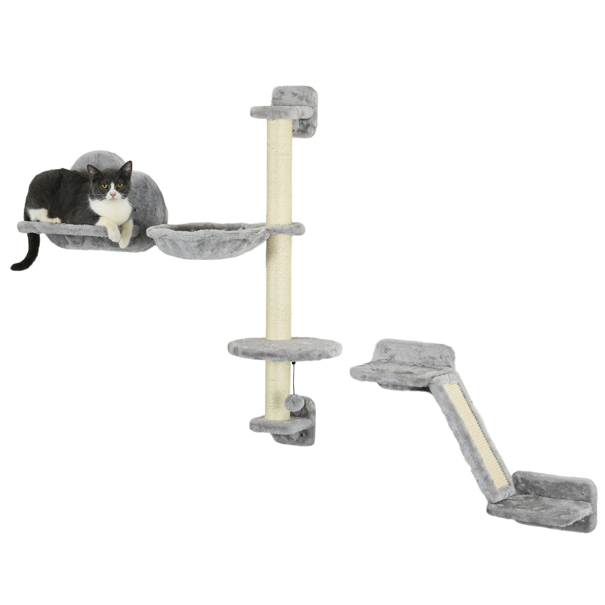 PawHut 3-teiliges Wandkletter-Set für Katzen, Wandregale mit Hängematte, Rampe mit Kratzfläche, wolkenförmige Sprungplattform, Grau   Aosom