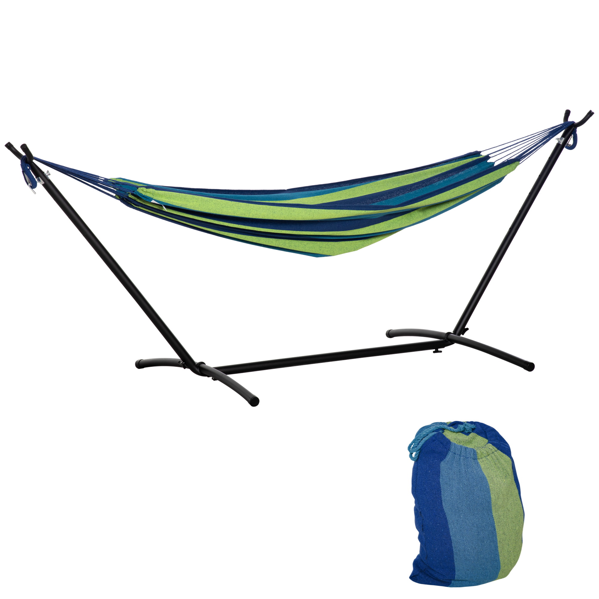 Outsunny Gartenhängematte 310x117 cm mit höhenverstellbarem Gestell, Tragfähigkeit 120 kg, freistehende Hängematte mit Tragetasche, für Camping, Garten, Balkon, Patio, Grün und Hellblau   Aosom