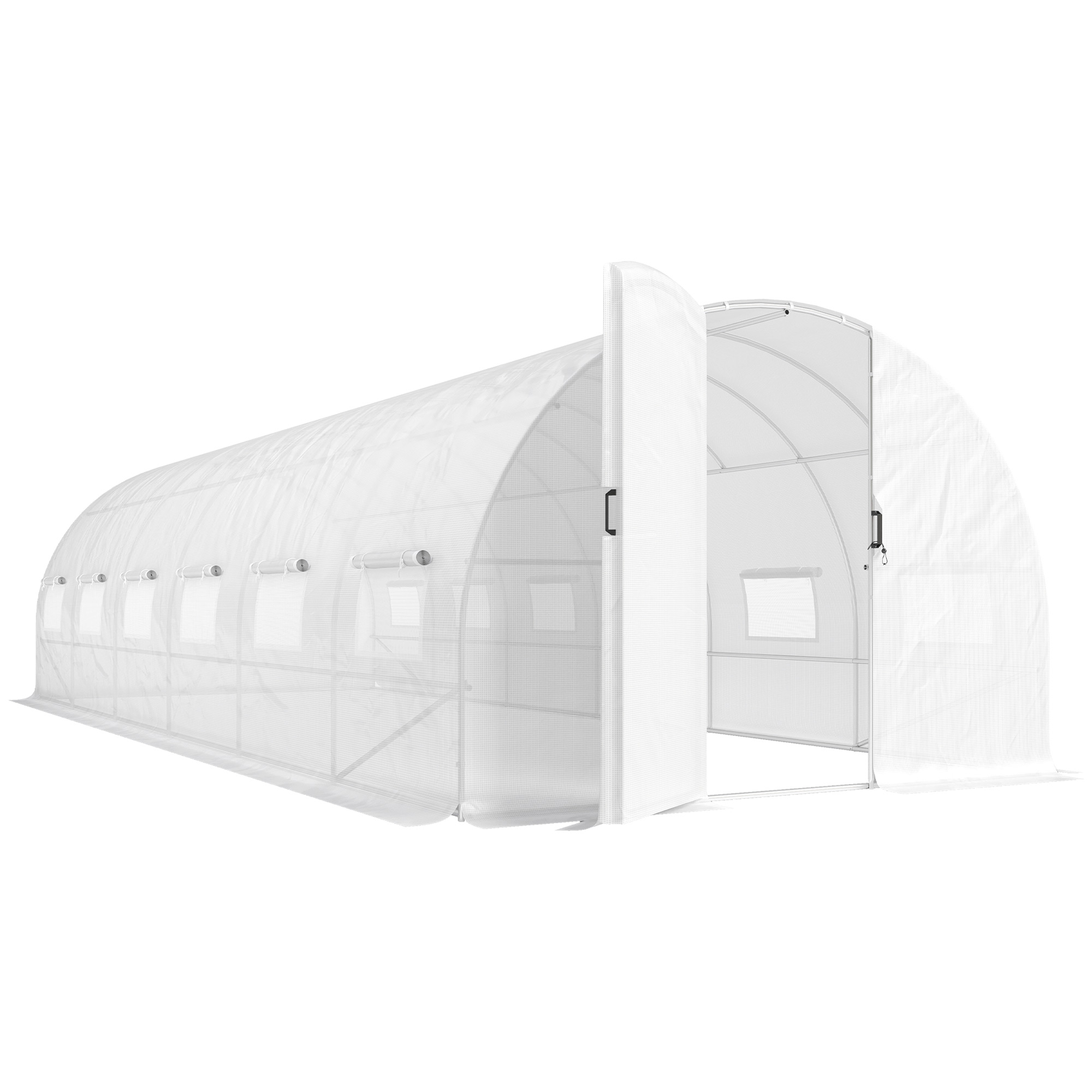 Outsunny Tunnelgewächshaus 24 m², Tunnelgewächshaus 295x798x199 cm mit Tür und 12 aufrollbaren Fenstern mit Fliegengitter, PE-Plane 140 g/m² mit 20 cm verlängerter Einbuddelkante, für Außen, Weiß   Aosom