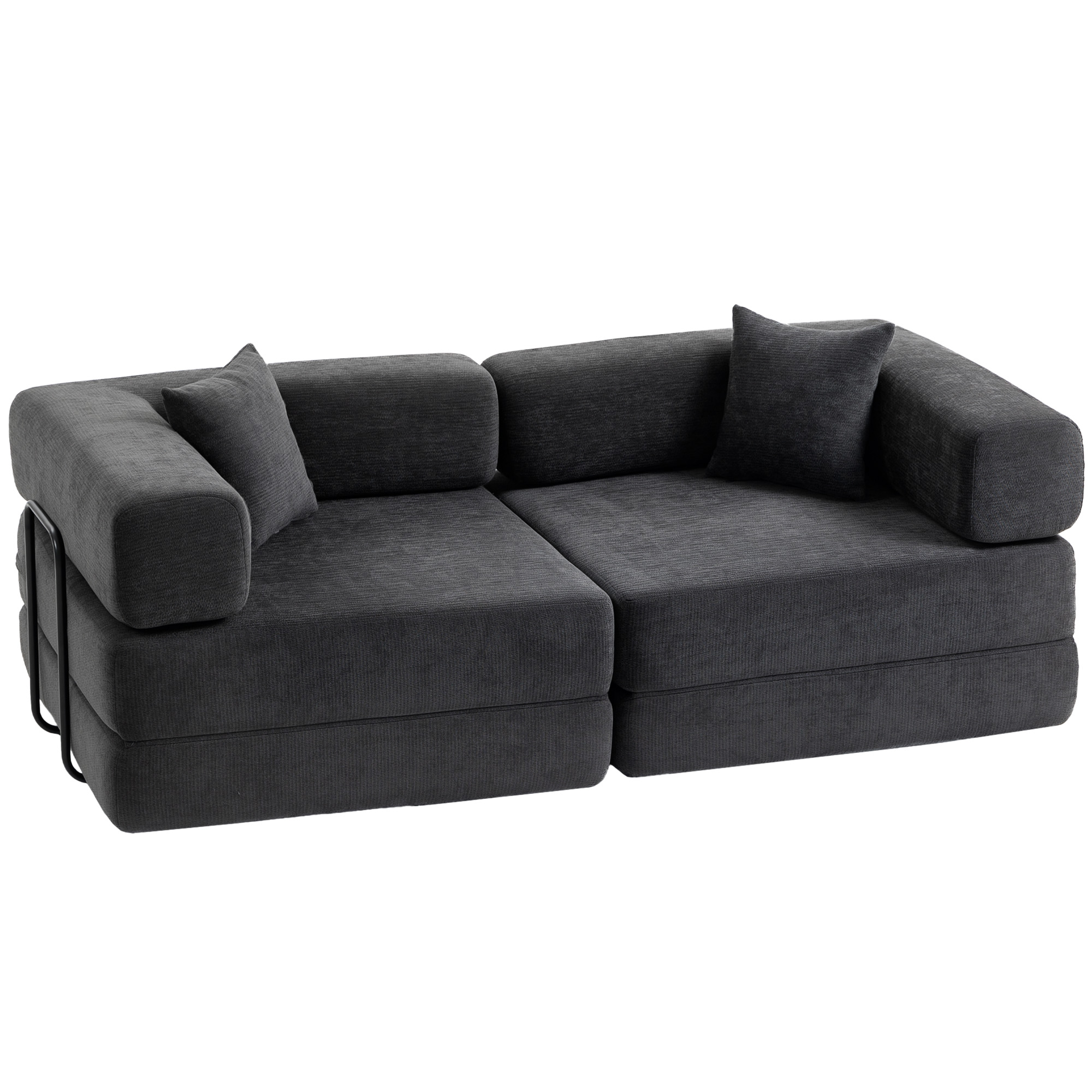 HOMCOM Schlafsofa 2‑Sitzer klappbar, Schlafsofa, Chenille‑Bezug, mit 2 Kissen, breite Armlehnen, dick gepolstert, keine Montage, für Schlafzimmer, Wohnzimmer, Dunkelgrau Aosom