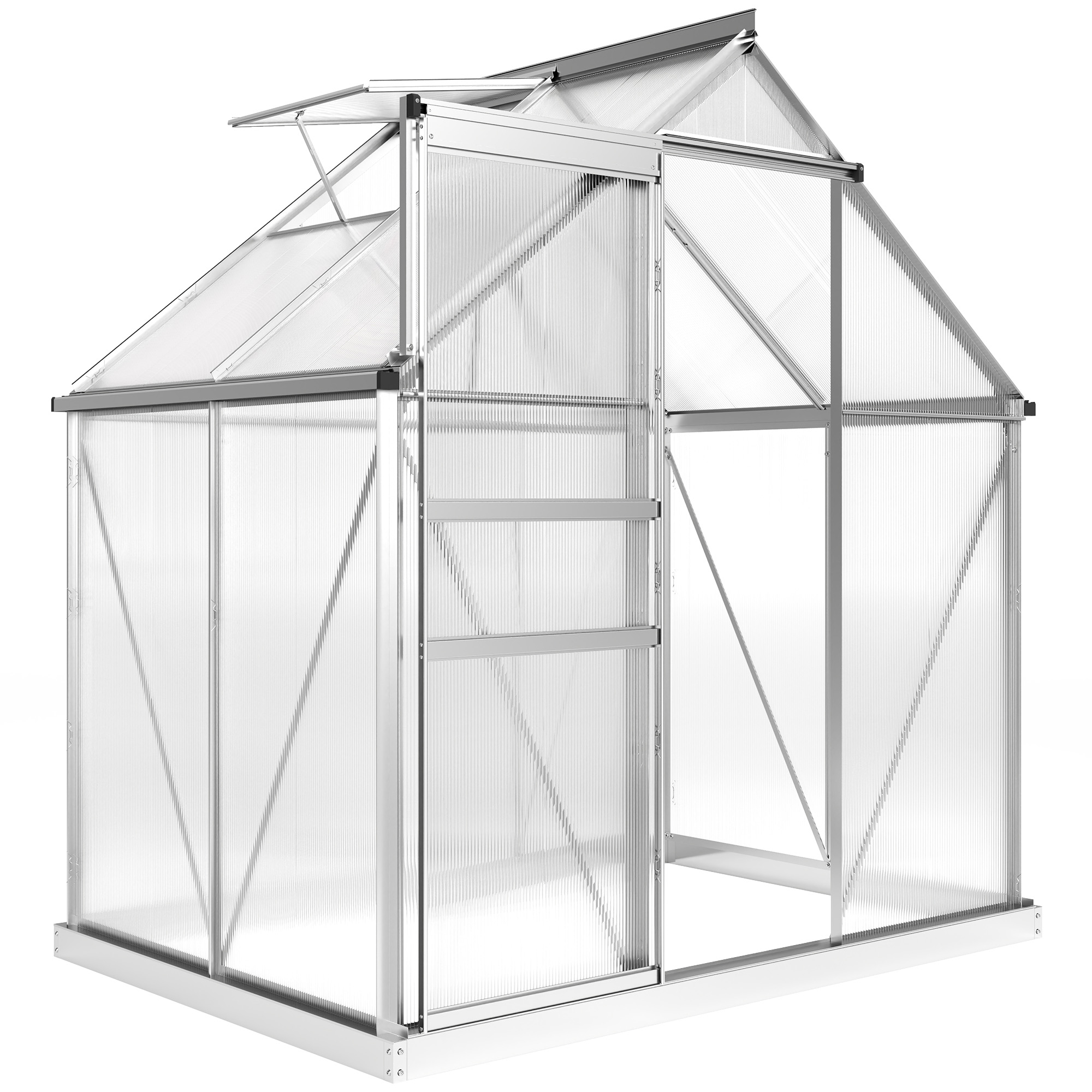 Outsunny Gewächshaus 2,5 m² aus Aluminium und Polycarbonat mit Fundament, 192,5 x 131 x 200 cm, Gewächshaus mit verstellbarem Fenster und Schiebetür, witterungsbeständig, Silber   Aosom