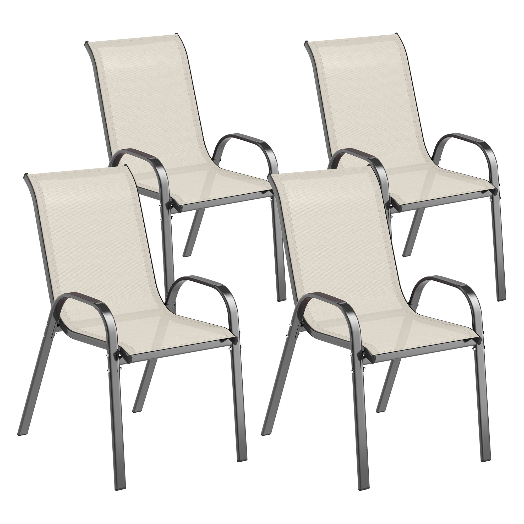 Outsunny Set mit 4 Gartenstühlen für den Außenbereich, stapelbare Terrassenstühle, Gartenstühle mit atmungsaktivem Textilene-Sitz, Stahlrahmen, Armlehnen und Rückenlehne, 54x71x93 cm, Beige und Schwarz Aosom