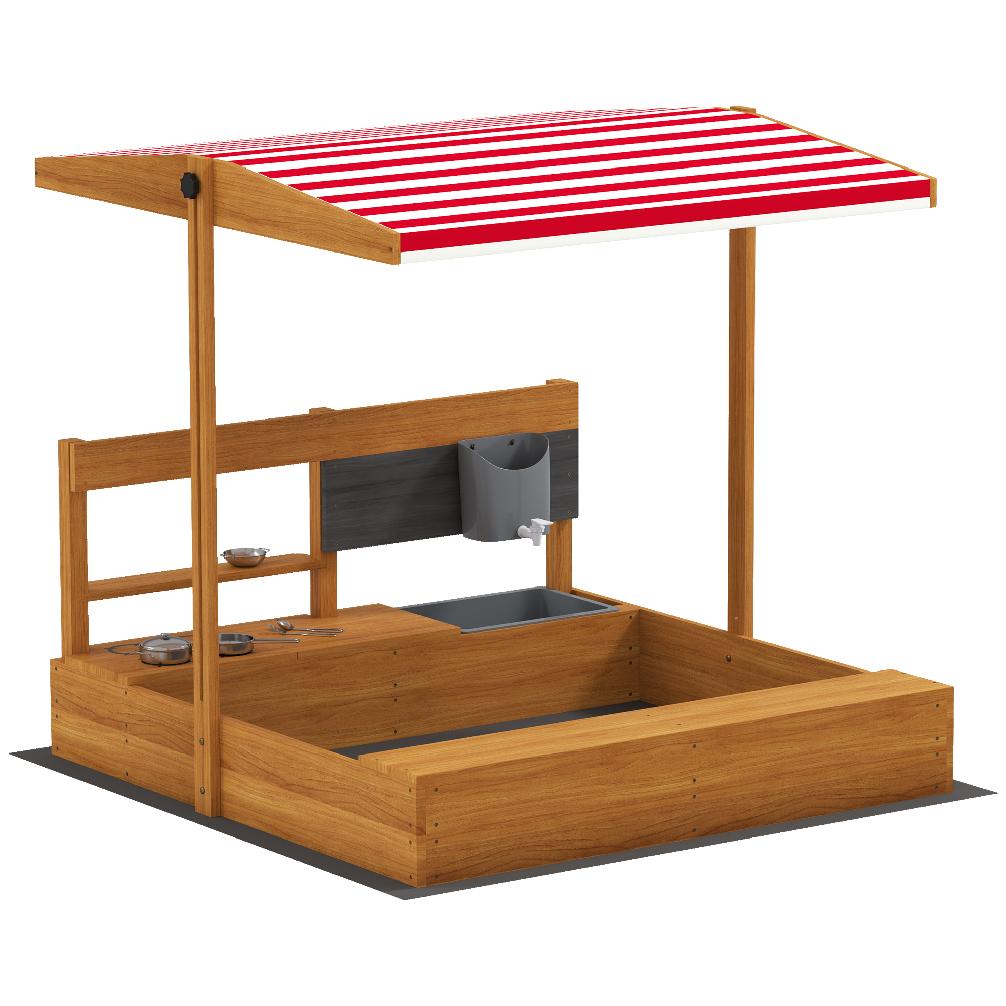 Outsunny Sandkasten aus Holz mit verstellbarem Dach, Kindersandkasten mit Spielküchen-Zubehör, Ablage und 2 Sitzen, Spiel für Kinder 3-7 Jahre, für Terrasse, Garten, 114x110x110 cm, Braun Aosom