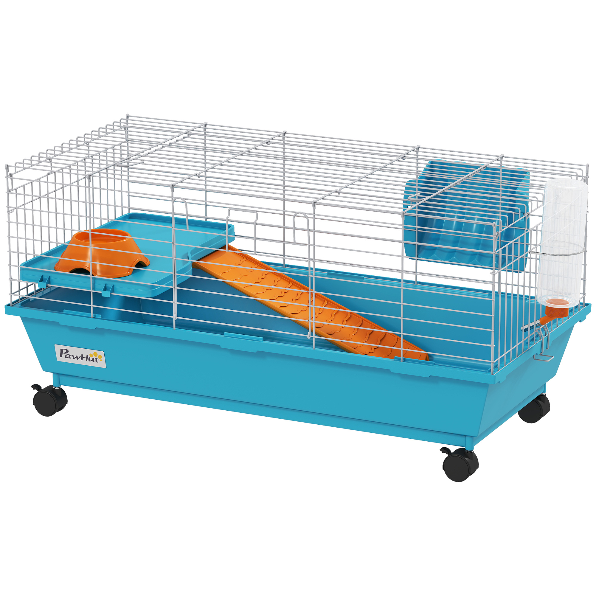 PawHut Kleintierkäfig, Nagerkäfig mit Rollen, Wasserflasche, Futternapf, Heuraufe, Plattform, Rampe, Herausnehmbare Wanne, für Kaninchen und Meerschweinchen, 89x44x43 cm, Blau   Aosom