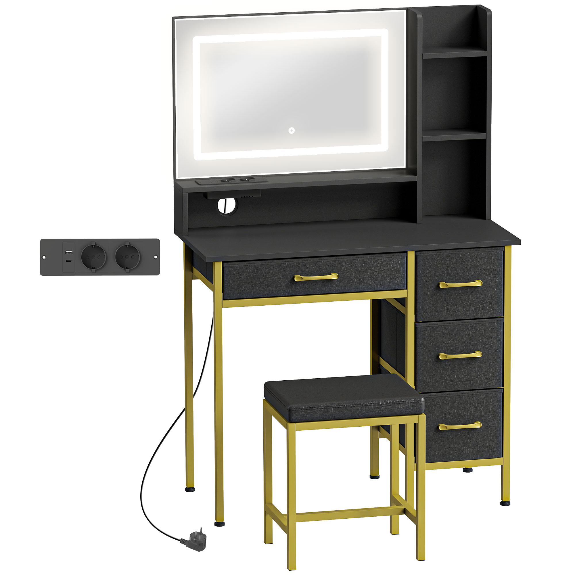 HOMCOM Schminktisch mit Spiegel und LED-Licht, Ladestation, Schminktisch mit Hocker, 3 Lichtfarben, Ladestation, 4 Stoffschubladen, Ablagen, für Schlafzimmer, Schwarz   Aosom