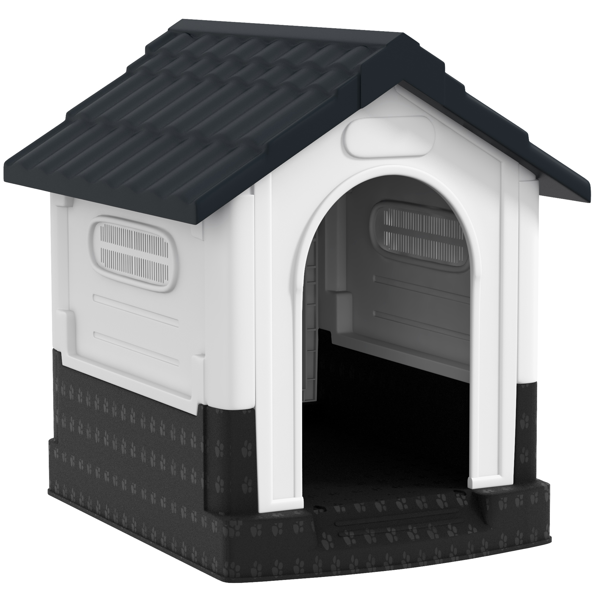 PawHut Mini-Hundehütte für den Außenbereich, Kunststoff-Hundehütte mit 3 Fenstern, erhöhte Basis, Dach in Ziegeloptik, 64,5x57x66 cm, Dunkelgrau   Aosom