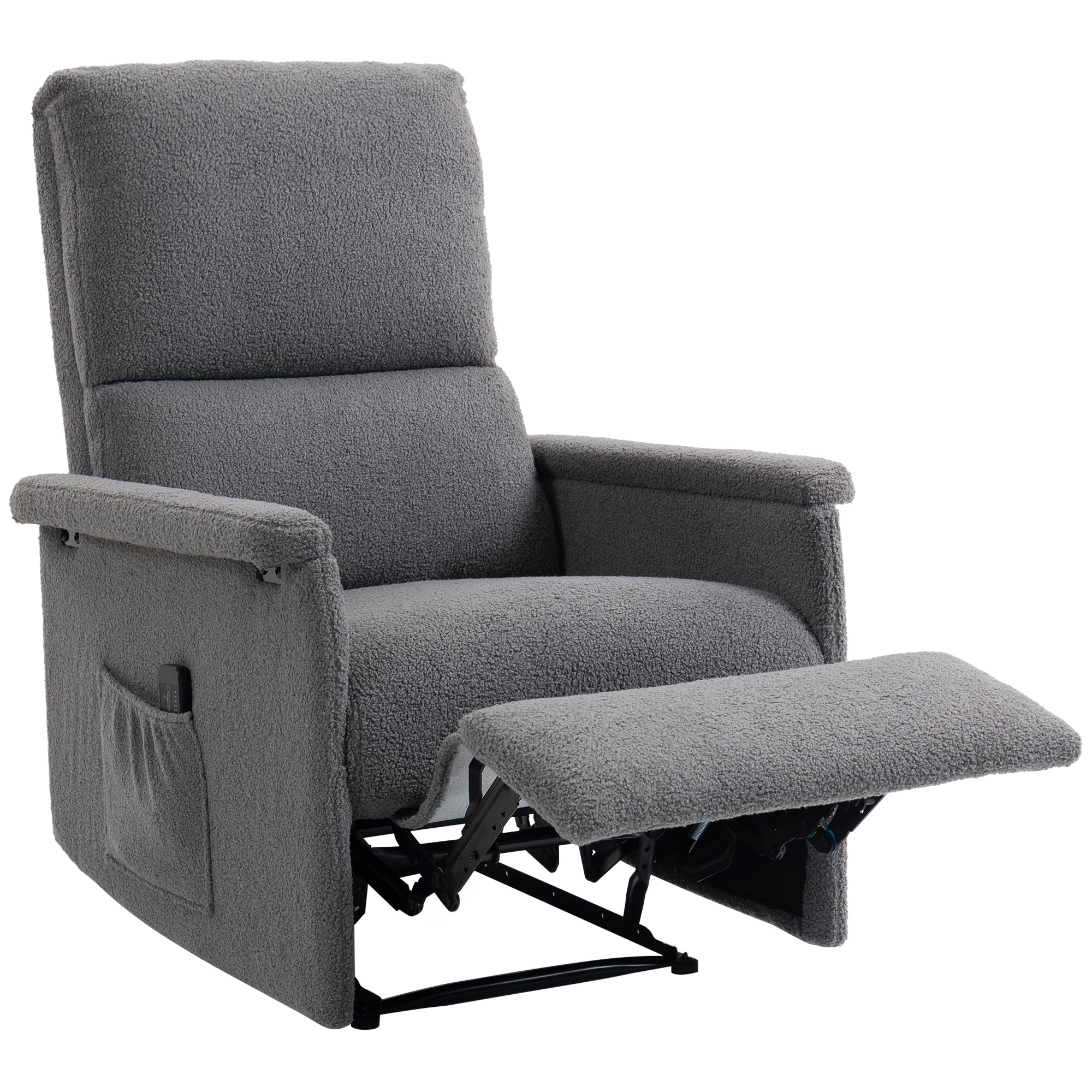 HOMCOM Massage-Sessel mit Liegefunktion, Relaxsessel aus Teddy-Fleece mit verstellbarer Rückenlehne, großer Sitz, Fußstütze, Seitentasche und Fernbedienung, für Wohnzimmer, Schlafzimmer, Heimkino, grau Aosom