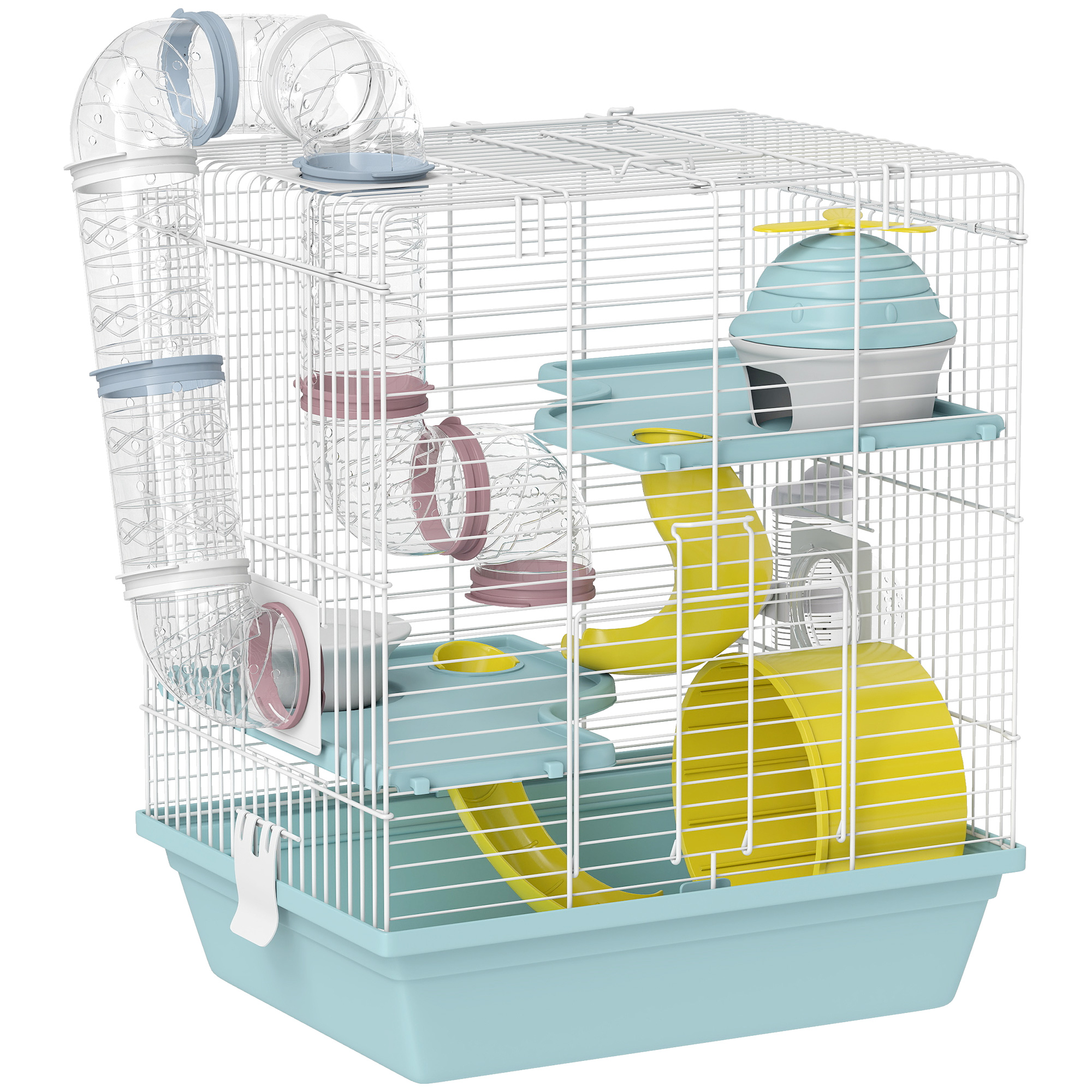 PawHut Hamsterkäfig, 3-Ebenen-Nagerkäfig mit Laufrad, Spieltunnel, Futternapf, Häuschen, Leiter, für Zwerghamster und Rennmäuse, 34,5 x 27,5 x 41 cm, blau   Aosom