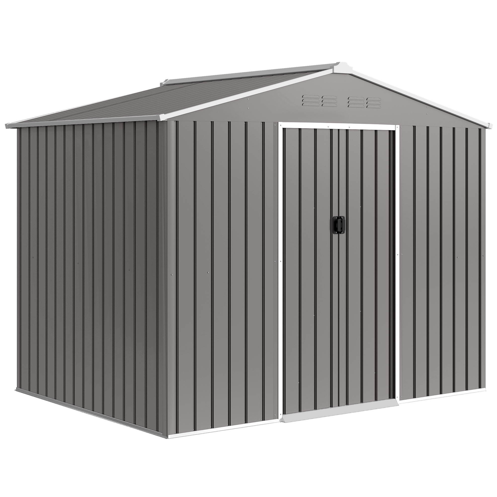 Outsunny Geräteschuppen 3,6 m² aus verzinktem Stahl mit Lüftungsöffnungen, Gartenhaus mit verschließbarer Doppelschiebetür, Schrägdach, Geräteschuppen, Hellgrau   Aosom
