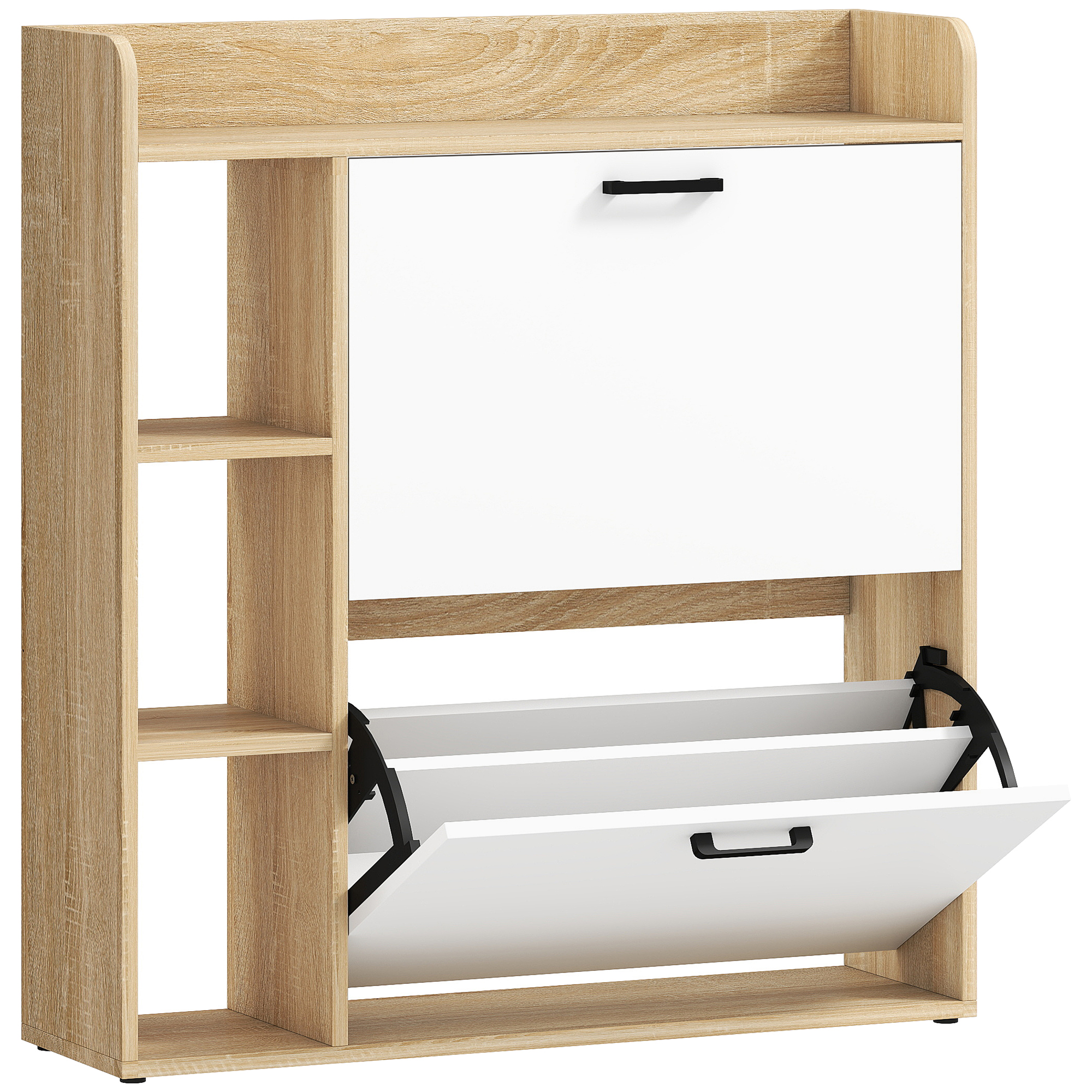 HOMCOM Schuhschrank 15 Paar, moderner Schuhschrank mit 2 klappbaren Fächern, verstellbaren Einlegeböden, 3 seitlichen Fächern, für Flur und Eingangsbereich, 83 x 24 x 90,5 cm, Naturholzoptik   Aosom