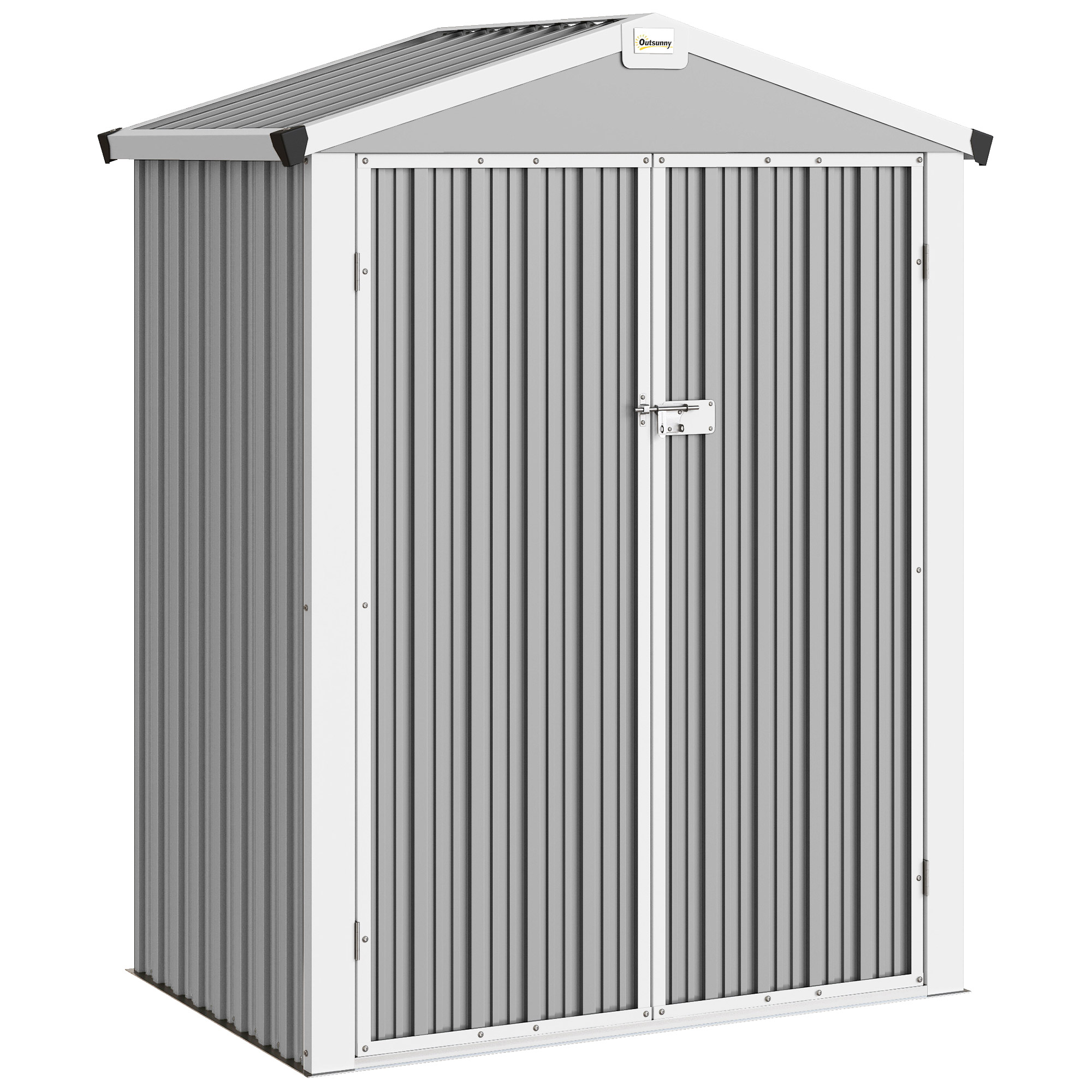 Outsunny Gartenschuppen 1.1m² aus verzinktem Stahl, Geräteschuppen mit großen abschließbaren Doppeltüren, Satteldach, Handschuhe, Geräteschuppen, 133x87x178 cm, Silbergrau   Aosom