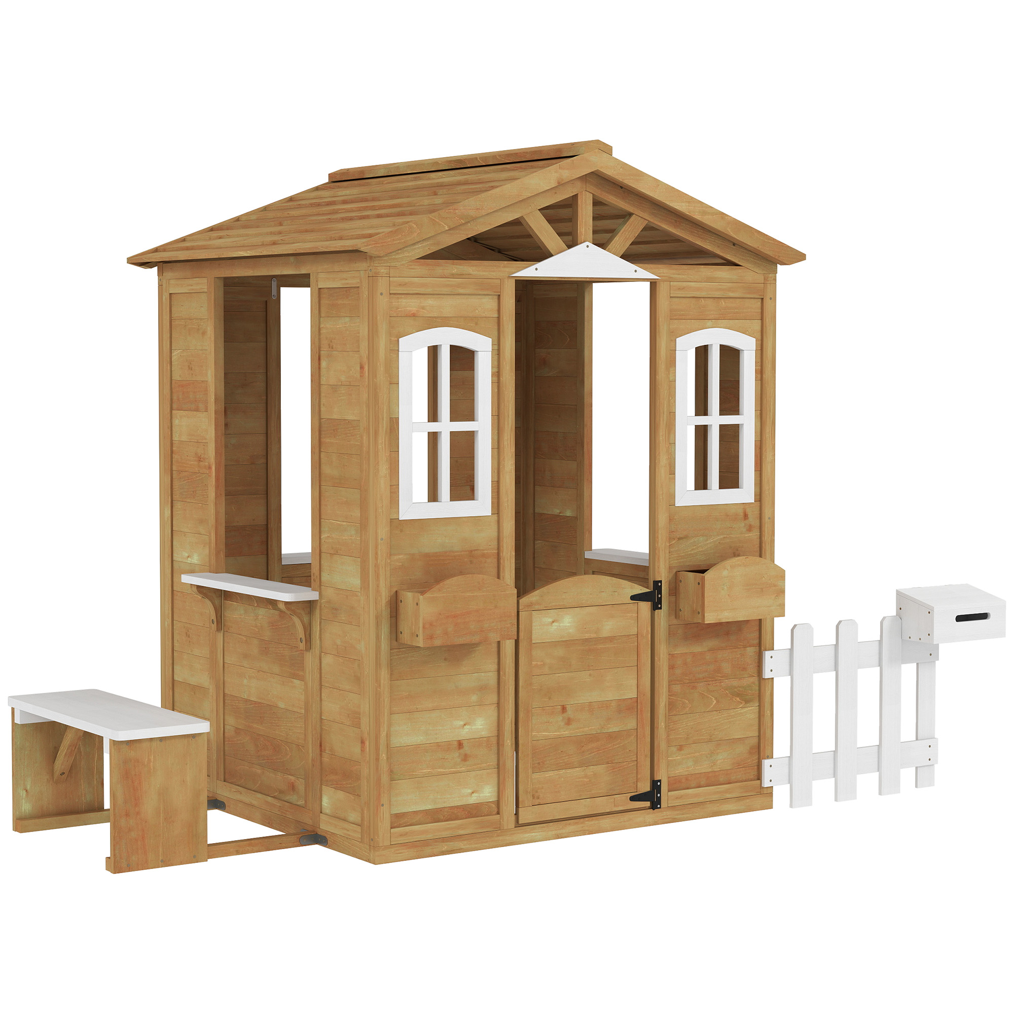 Outsunny Spielhaus für Kinder Gartenhaus aus Holz mit Tür und Fenstern, Bank, Briefkasten, Zaun, für 3 bis 6 Jahre 205 x 119 x 140 cm Gelb   Aosom