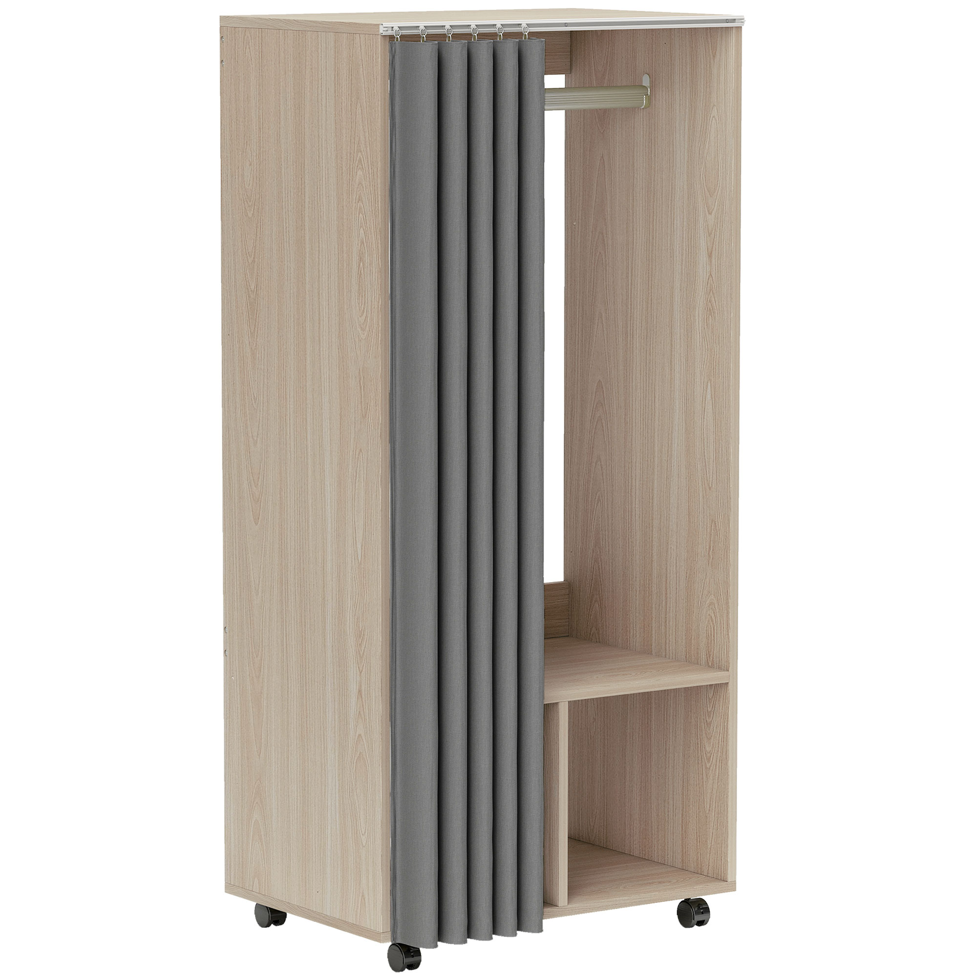 HOMCOM mobile Kleidergarderobe mit Vorhang, Aufbewahrungsschrank mit 4 Rollen, Kleiderstange und Regalen, rollbarer Kleiderschrank für Schlafzimmer, 60 x 40 x 128 cm, Naturholz-Optik Aosom