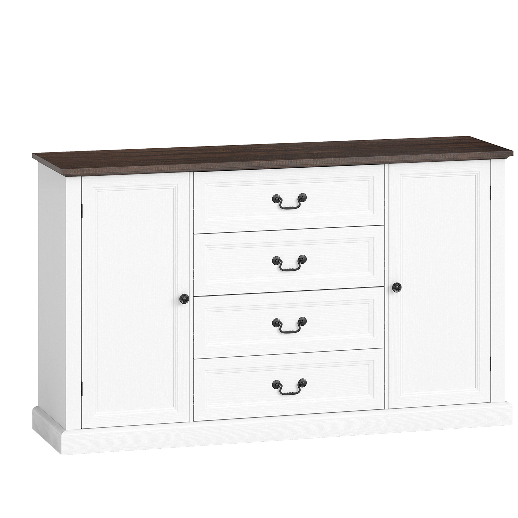 HOMCOM Küchenschrank, Küchenmöbel mit 4 Soft-Close-Schubladen, 3 cm starke Abstellfläche, Buffet mit verstellbaren Einlegeböden, rustikaler Stil, für Wohnzimmer, Esszimmer, 147x40x87 cm, Weiß   Aosom