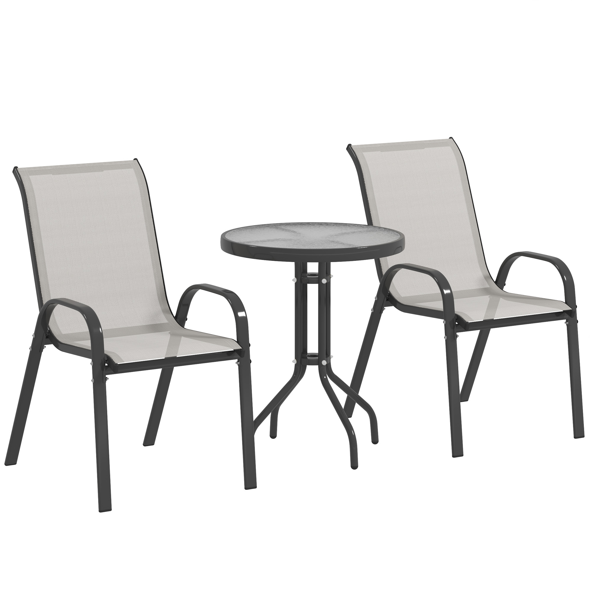 Outsunny 3-teiliges Terrassen-Set mit Tisch und Stühlen, Gartenmöbel mit stapelbaren Stühlen, Glasplatte und Stahlgestell, für Terrasse, Hellgrau   Aosom