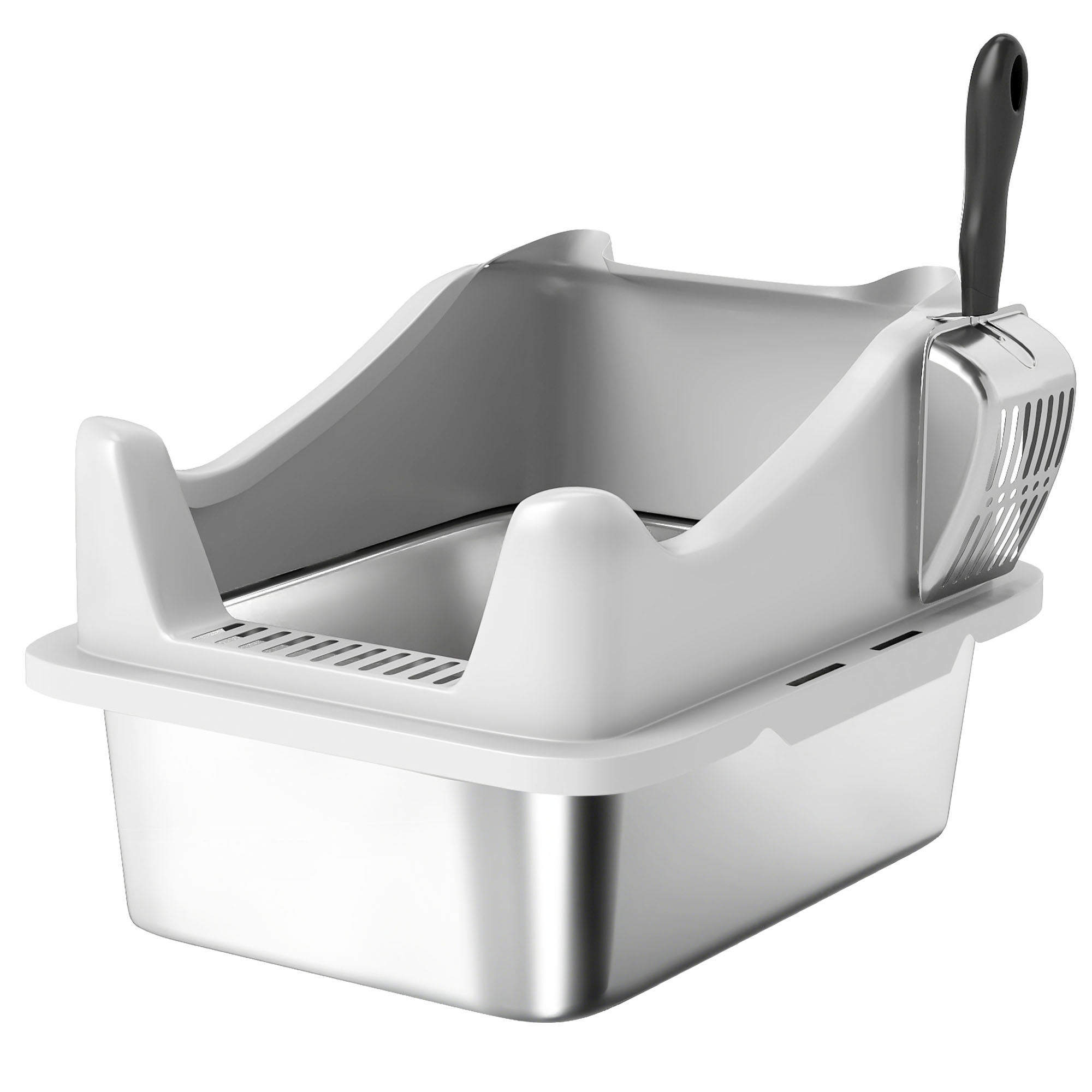 PawHut Edelstahl-Katzentoilette, Katzentoilette, hohe Ränder, leicht zu reinigen, streuverhindernd, Metallschaufel, ideal für Kätzchen, 43,1 x 33,2 x 25,4 cm, grau   Aosom