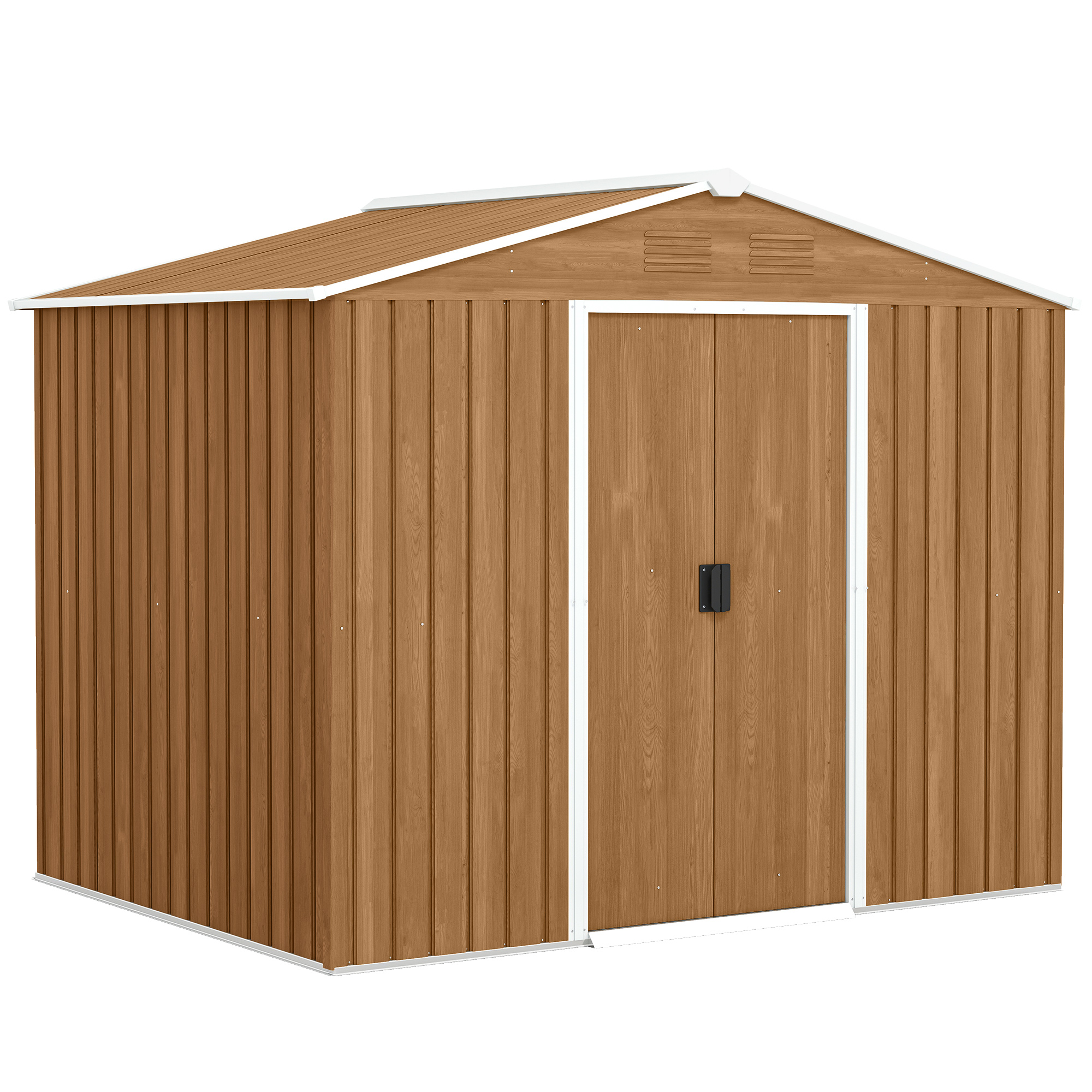 Outsunny Gartenhaus 3,6 m² aus verzinktem Stahl mit Lüftungsöffnungen, Geräteschuppen mit doppelt verriegelbarer Schiebetür, geneigtes Dach, Geräteschuppen, Dunkelbraun in Holzoptik   Aosom