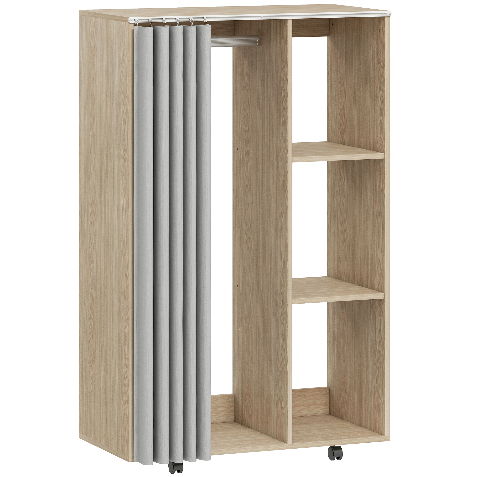 HOMCOM Kleiderschrank, mobiles Aufbewahrungsmöbel mit 4 Rollen, mit Kleiderstange und offenen Regalen, rollbarer Kleiderschrank für Schlafzimmer, 80x40x128 cm, Naturholzoptik Aosom