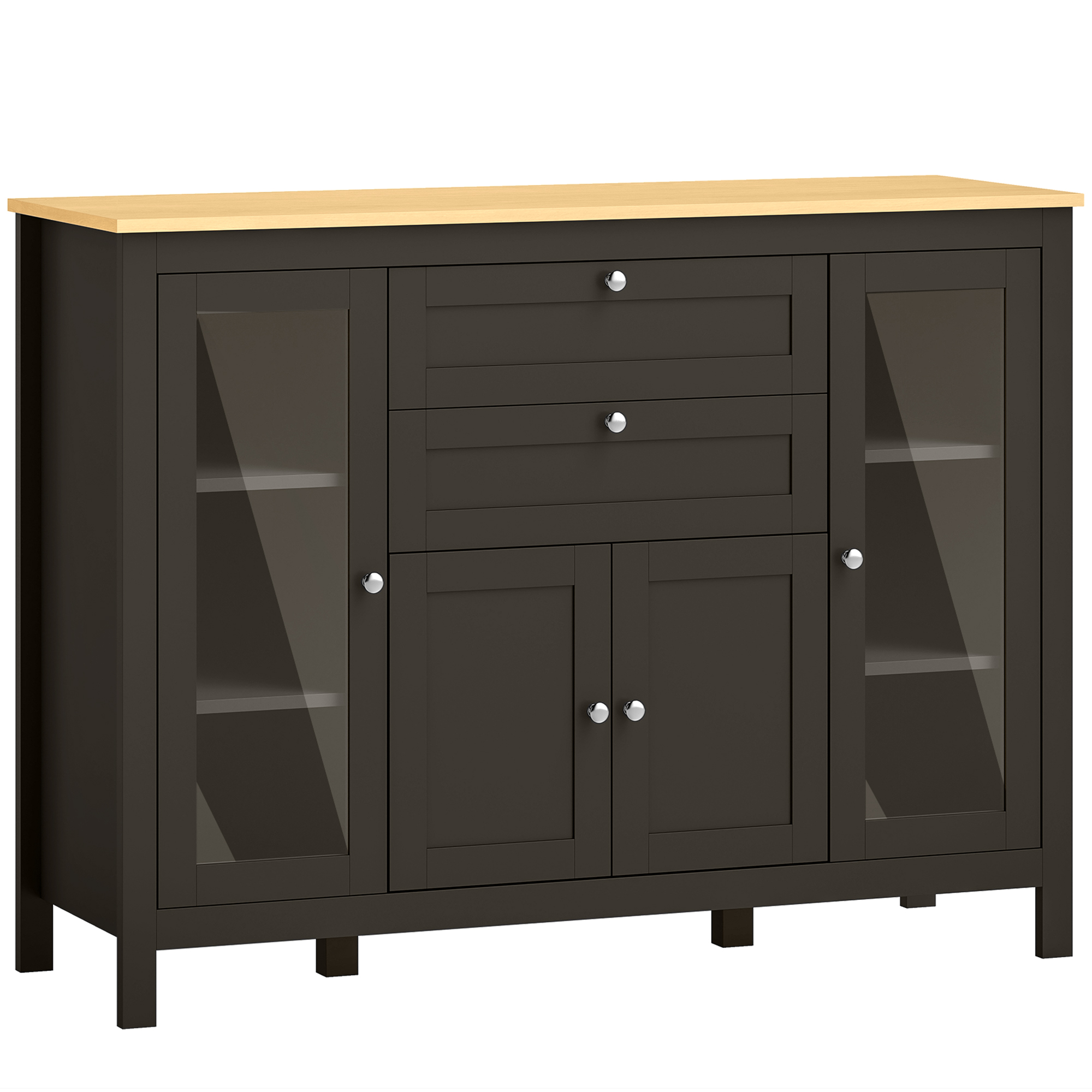 HOMCOM Sideboard, Aufbewahrungsmöbel mit 1 zweitürigem Schrank, 2 Schränken mit Glastür, 2 Schubladen und verstellbarem Einlegeboden, moderner Stil, Sideboard für Esszimmer und Küche, 120x40x90cm, schwarz   Aosom