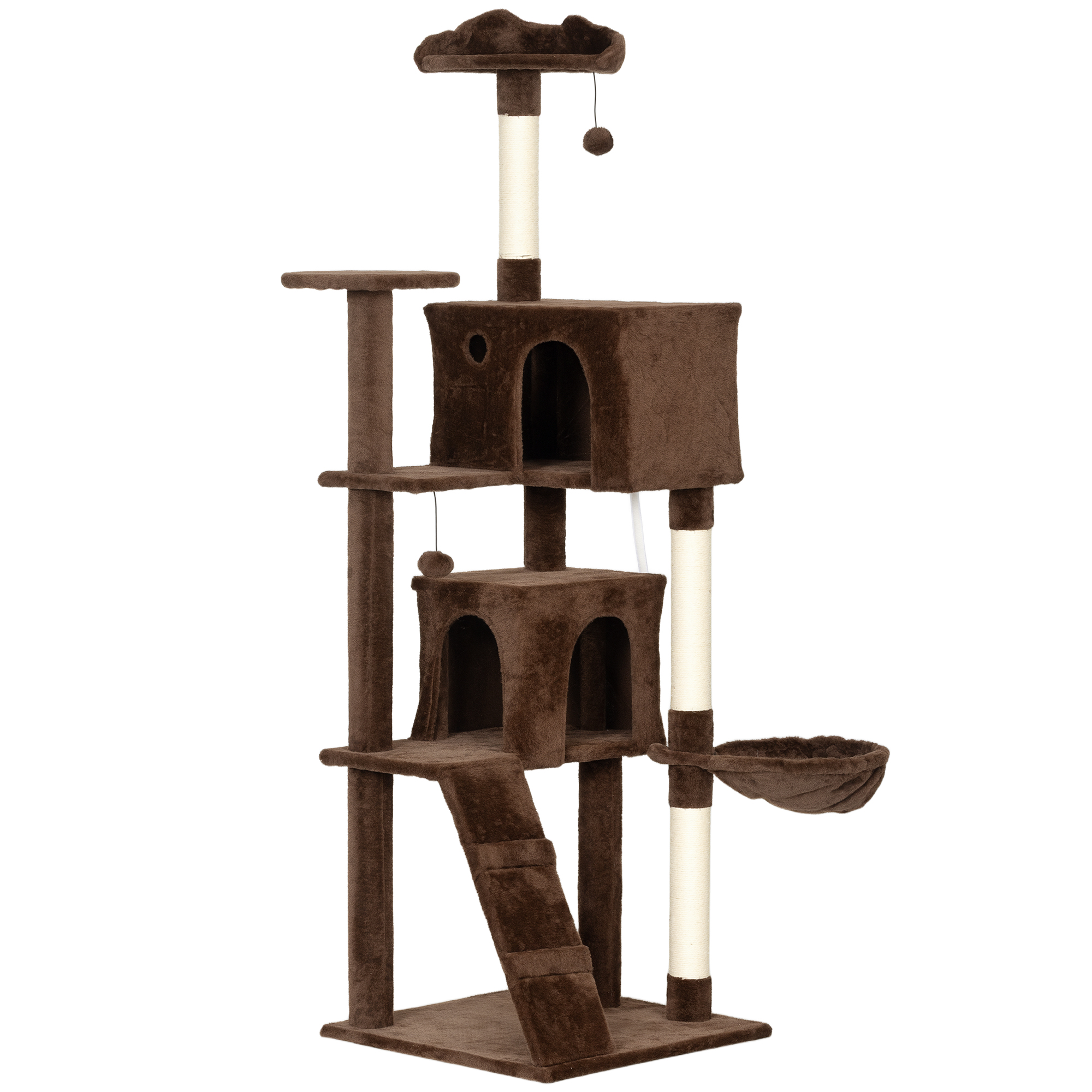 PawHut Kratzbaum für Katzen, 180 cm, Turm mit mehreren Plattformen, Bett, 2 Höhlen, Hängematte, Leiter, Sisalpfosten, Spielbälle, Braun   Aosom