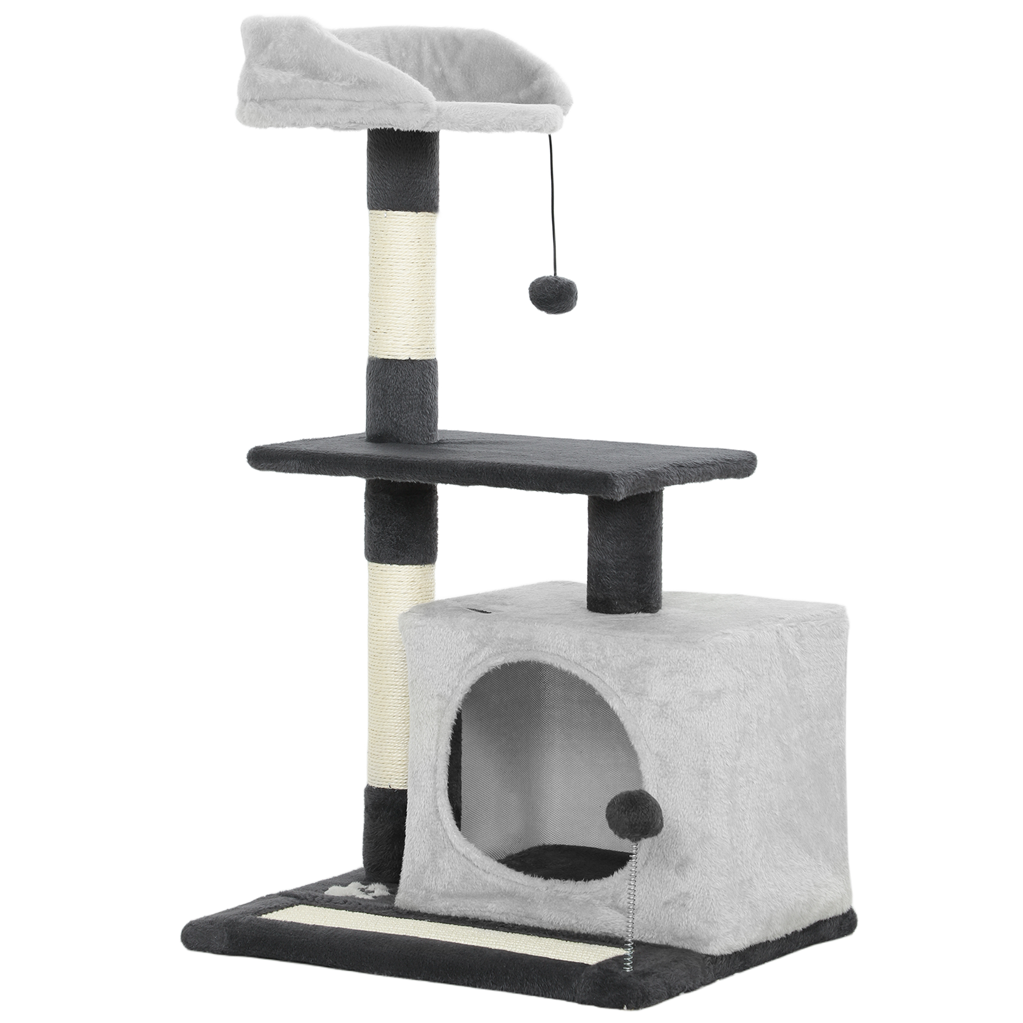PawHut Kratzbaum für Katzen 85 cm hoch, Katzenturm für Katzen und Kätzchen mit Häuschen, oberem Liegeplatz, Bällchen, Sisal-Pfosten und Kratzmatte, Hellgrau   Aosom