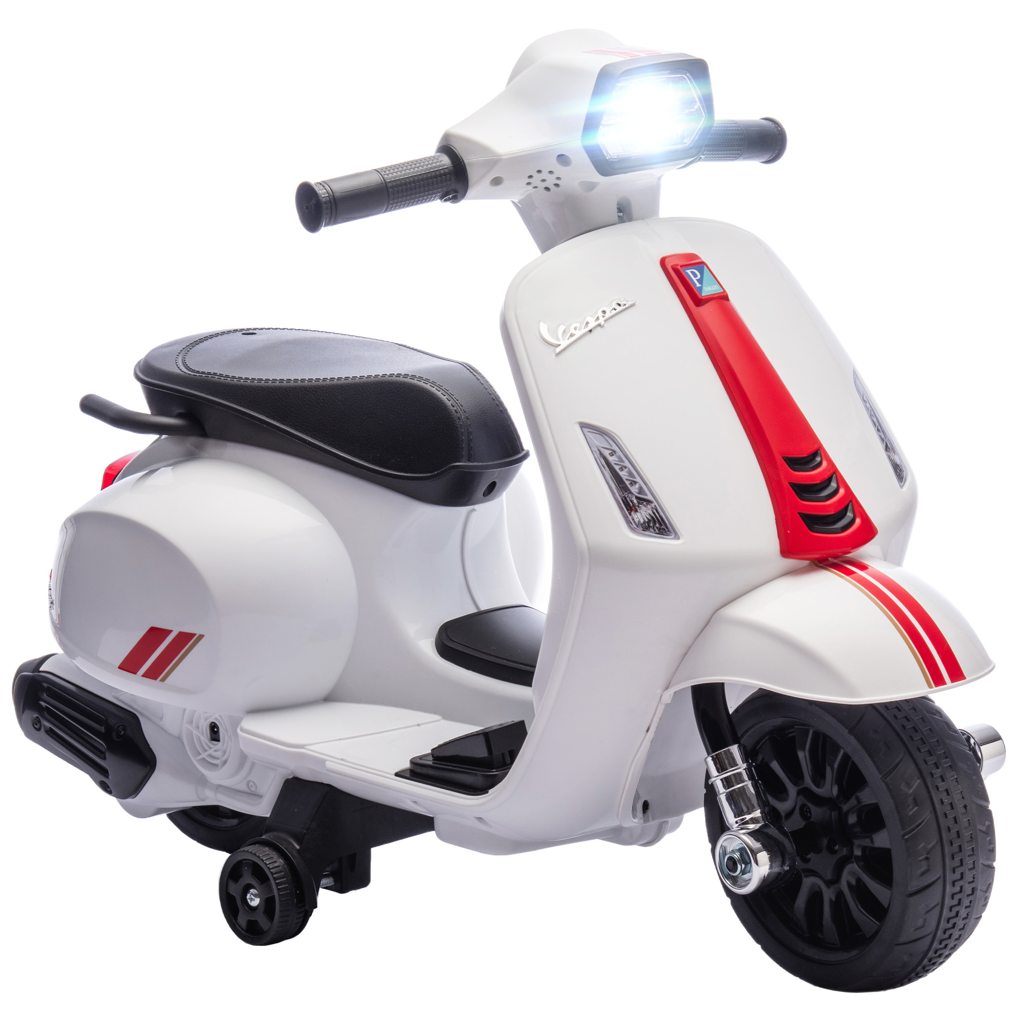 AIYAPLAY Elektrisches Kinder-Motorrad 6V mit Vespa-Lizenz, Kinder-Elektromotorrad mit Stützrädern 17,5 cm, Geschwindigkeit 2,5 km/h, Scheinwerfer und Hupe, für Kinder von 2-6 Jahren, Weiß Aosom