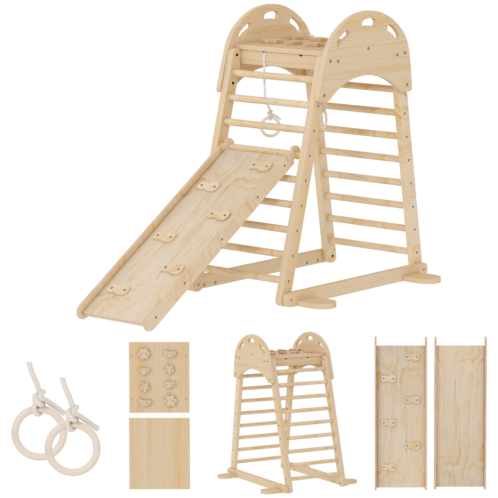 AIYAPLAY 6-in-1 Montessori Kletterdreieck, Kletterrahmen aus Holz mit Plattform, Ringen und Rutsche, zum Rutschen oder Klettern, für Kinder 18-48 Monate, Indoor, natur Aosom